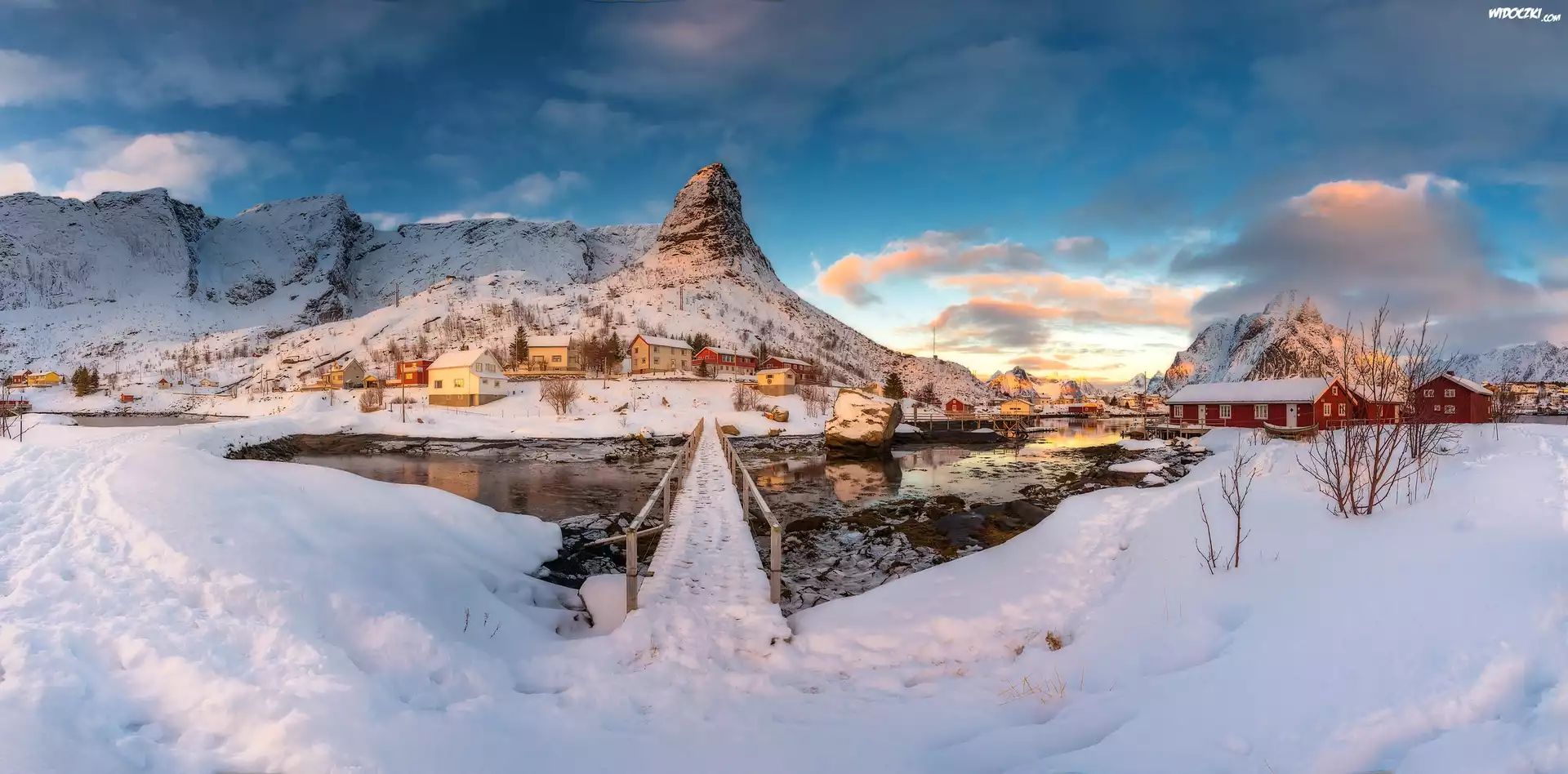 Norwegia, Lofoty, Wioska Reine, Zima, Góry, Domki