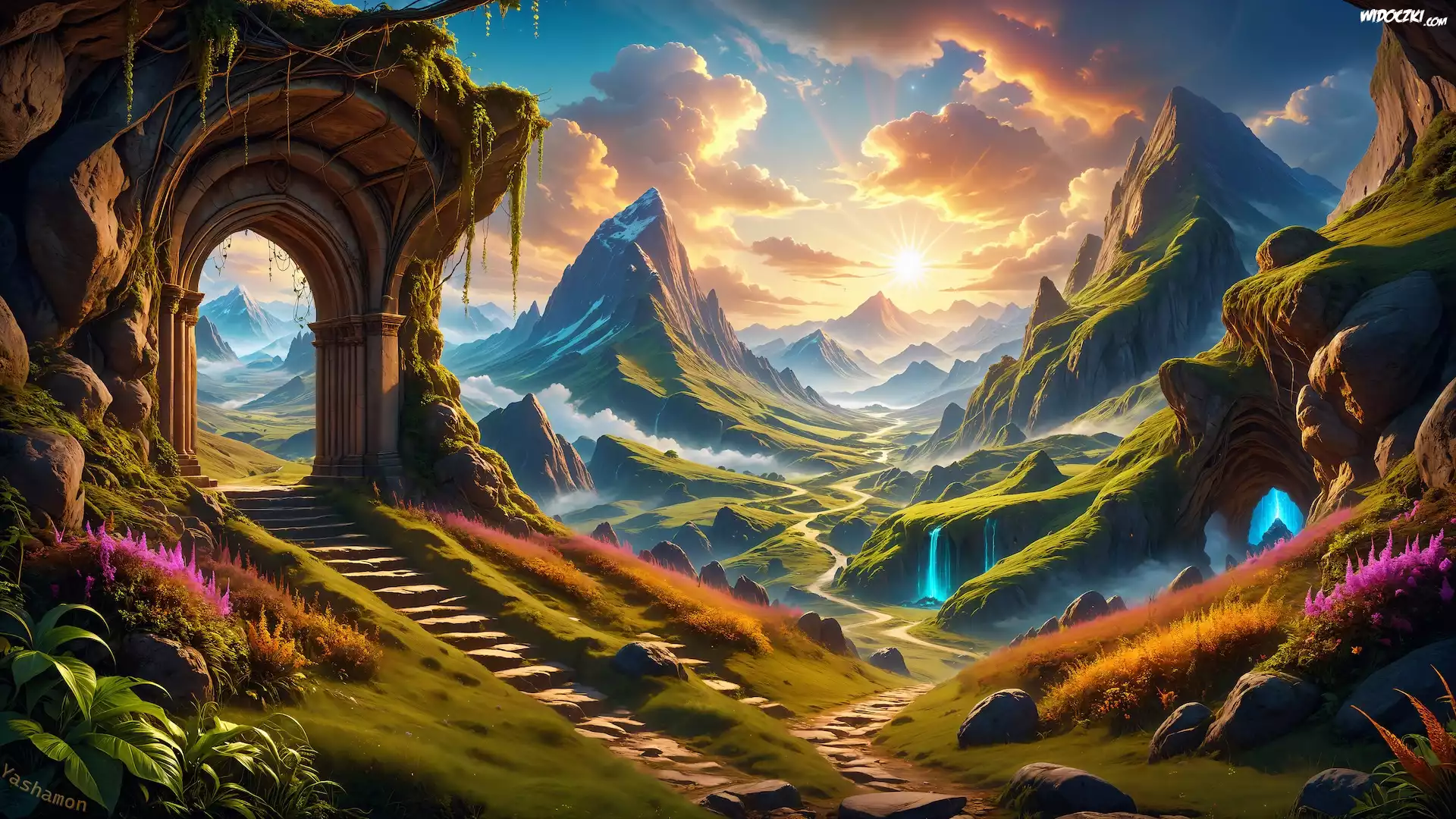 Grafika, Góry, Budowla, Łuk, Schody, Roślinność, Fantasy