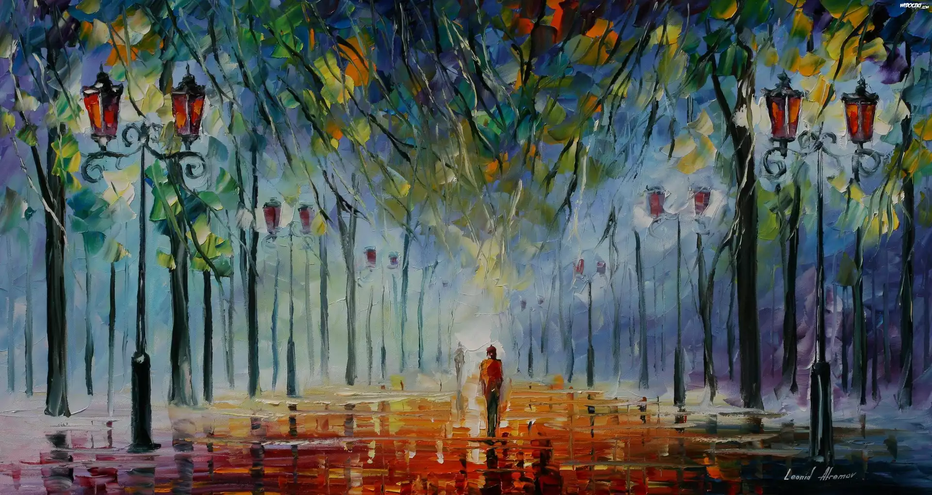 Malarstwo, Leonid Afremov, Park, Aleja, Latarnie