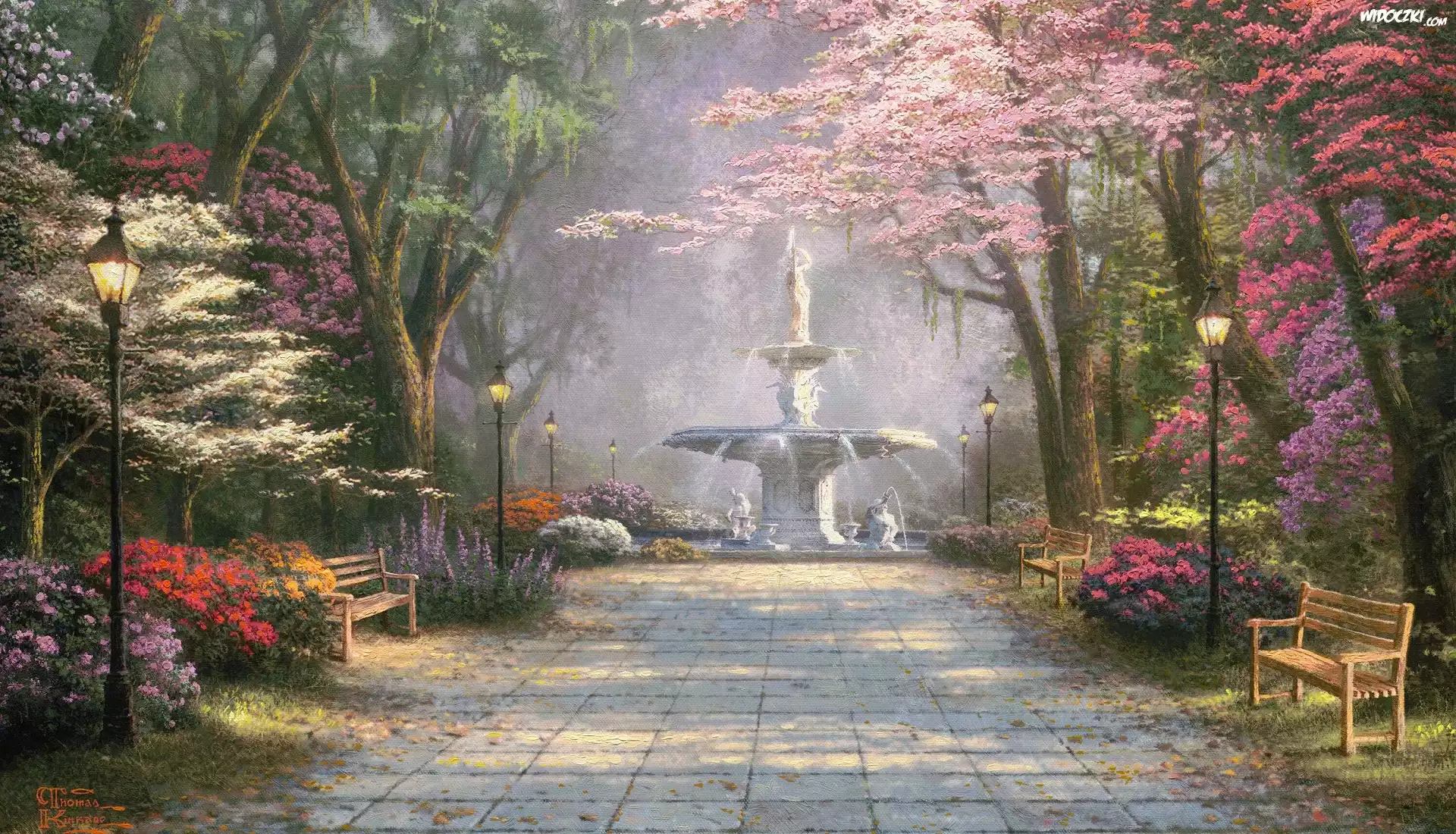 Malarstwo, Obraz, Stany Zjednoczone, Georgia, Savannah, Park Forsyth, Fontanna Forsyth, Alejka, Drzewa, Azalie, Latarnie, Ławki, Thomas Kinkade
