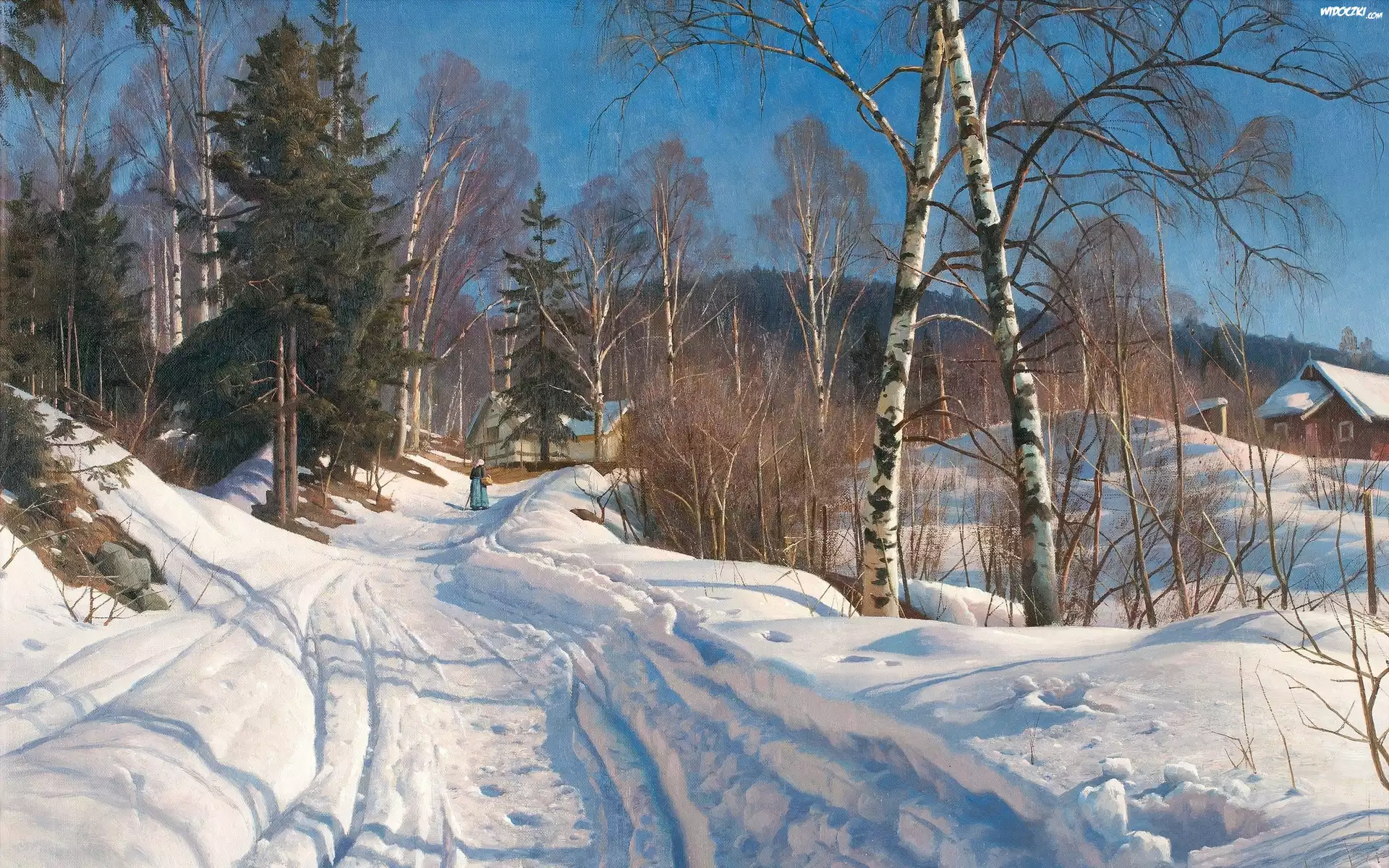Malarstwo, Obraz, Duński, Malarz, Peder Mork Monsted, Zima, Wiejska, Droga, Staruszka, Drzewa, Domy