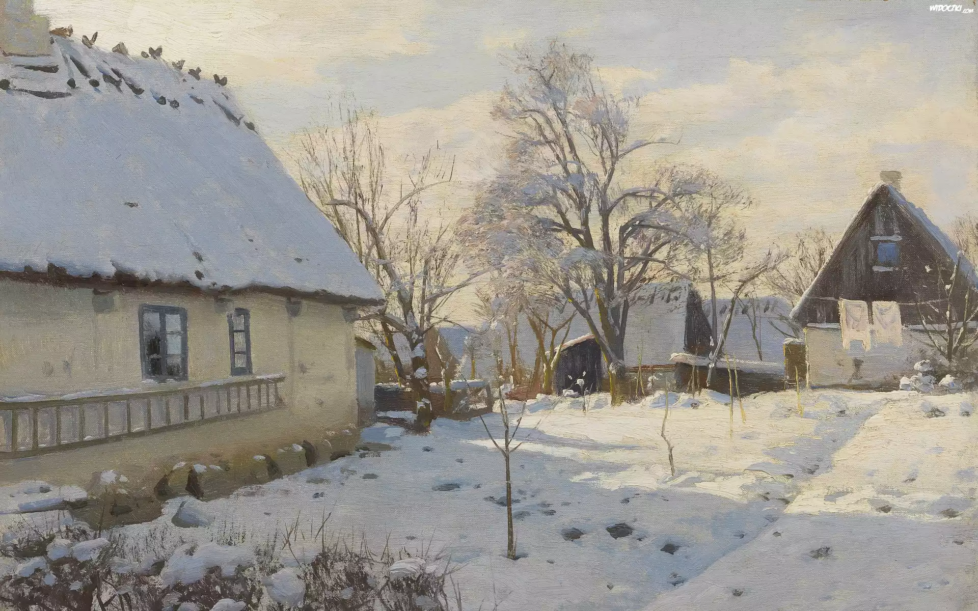 Malarstwo, Peder Monsted, Zima, WieÅ›, Domy