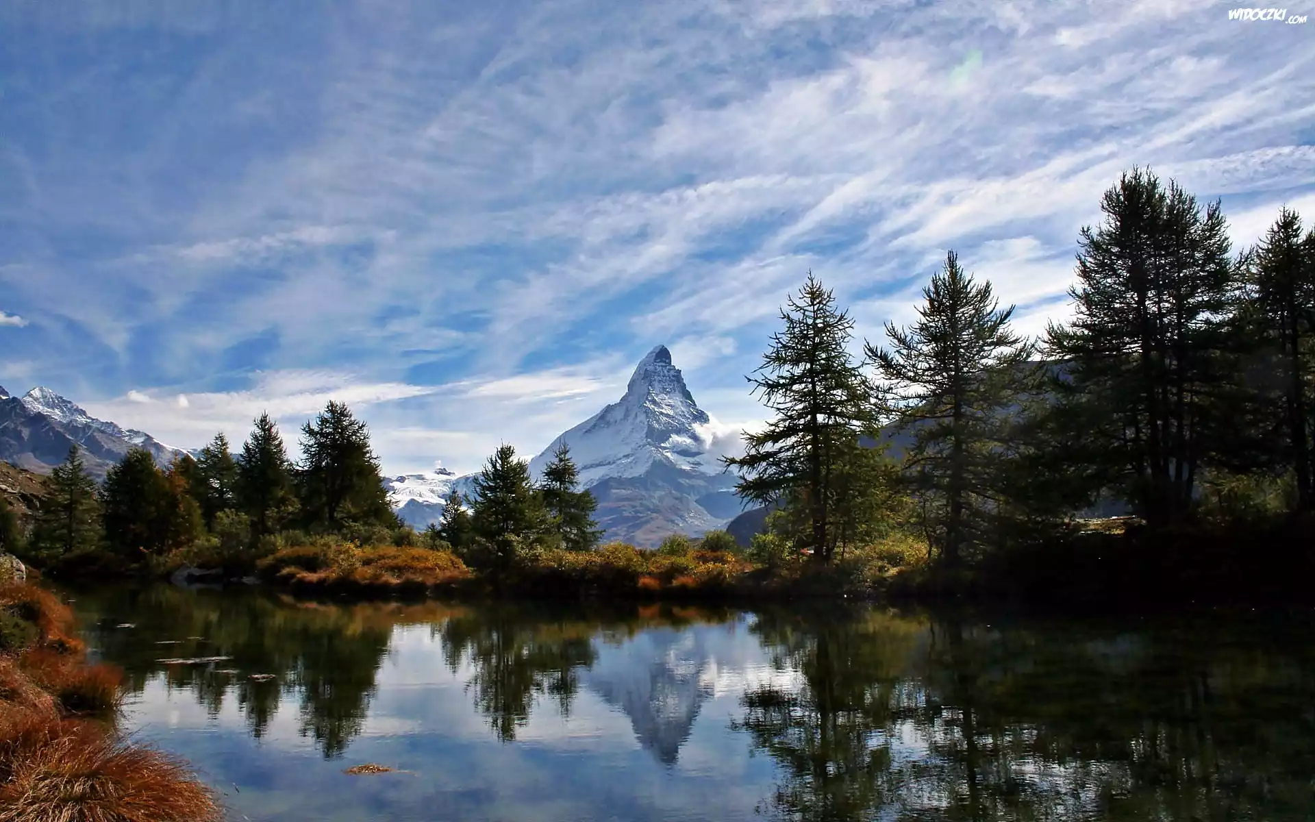 Matterhorn, Chmury, Jezioro, Åšwierki, Odbicie
