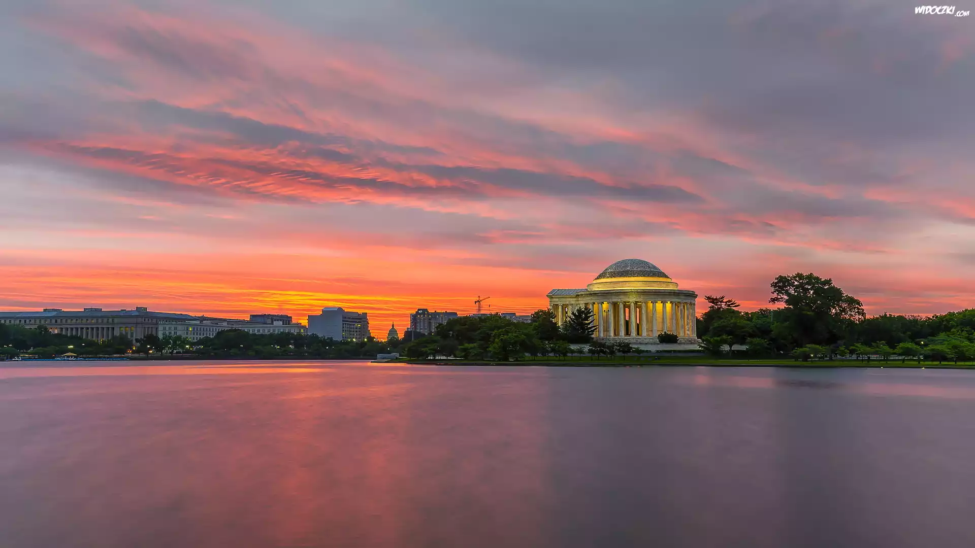 Panteon, Pomnik Jeffersona, Jefferson Memorial, Wschód słońca, Jezioro, Zbiornik Tidal Basin, Waszyngton, Stany Zjednoczone