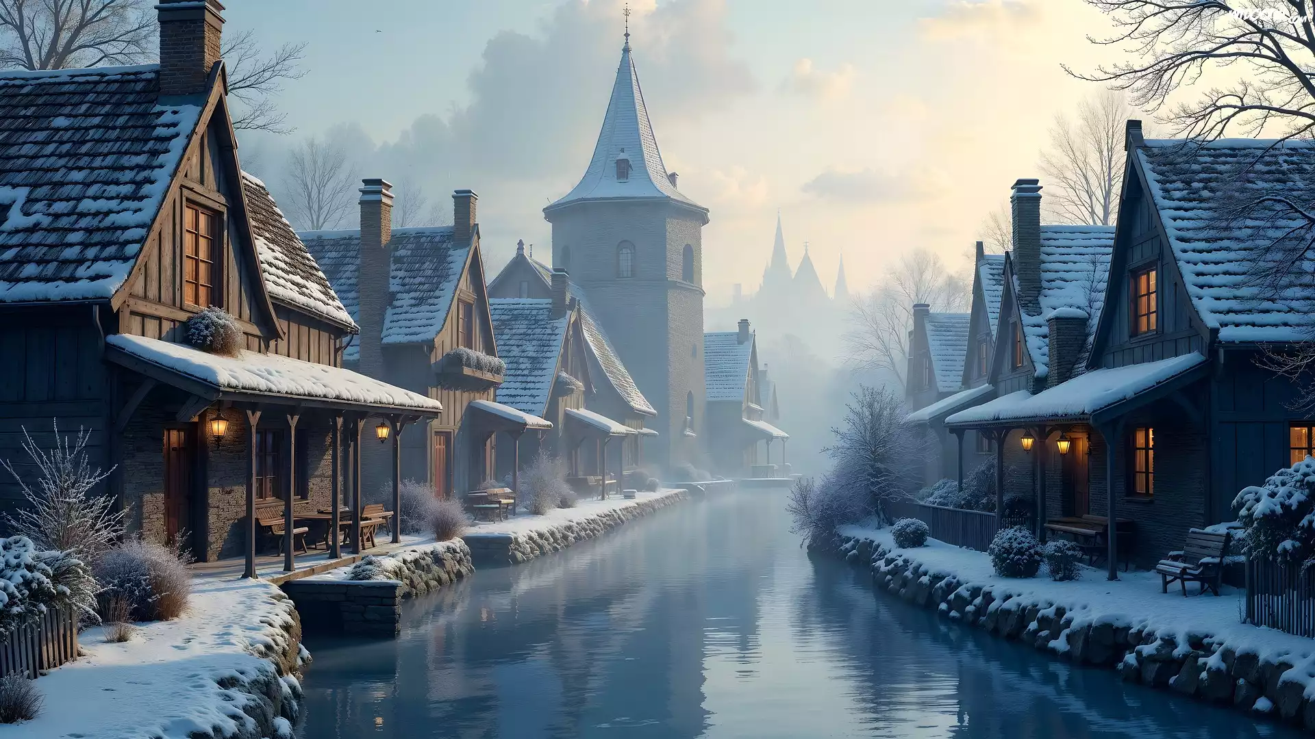 Kanał, Domy, Zima, Mgła, Grafika AI