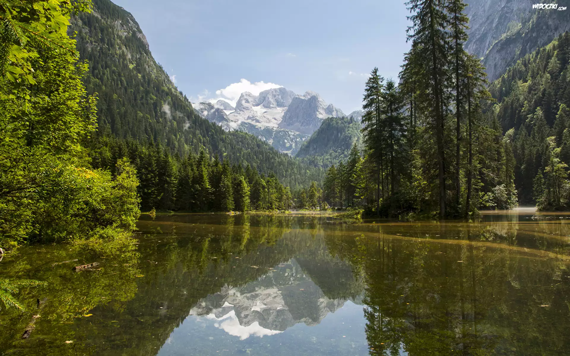 Austria, Góry Dachstein, Jezioro Gosauseen, Drzewa, Las, Niebo, Chmury, Mgła