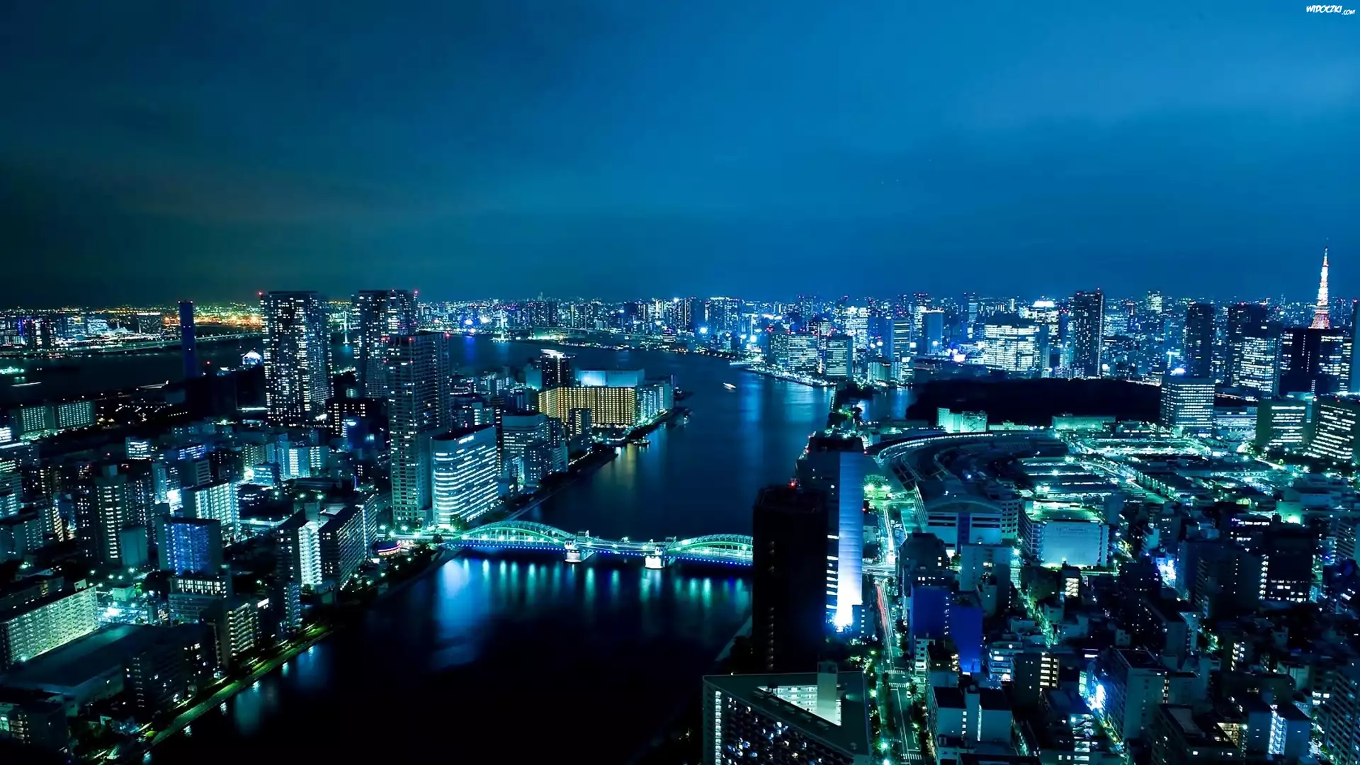 Drapacze, Chmur, Rzeka, Sumida, Most, Tokio, Nocna, Panorama, Miasta