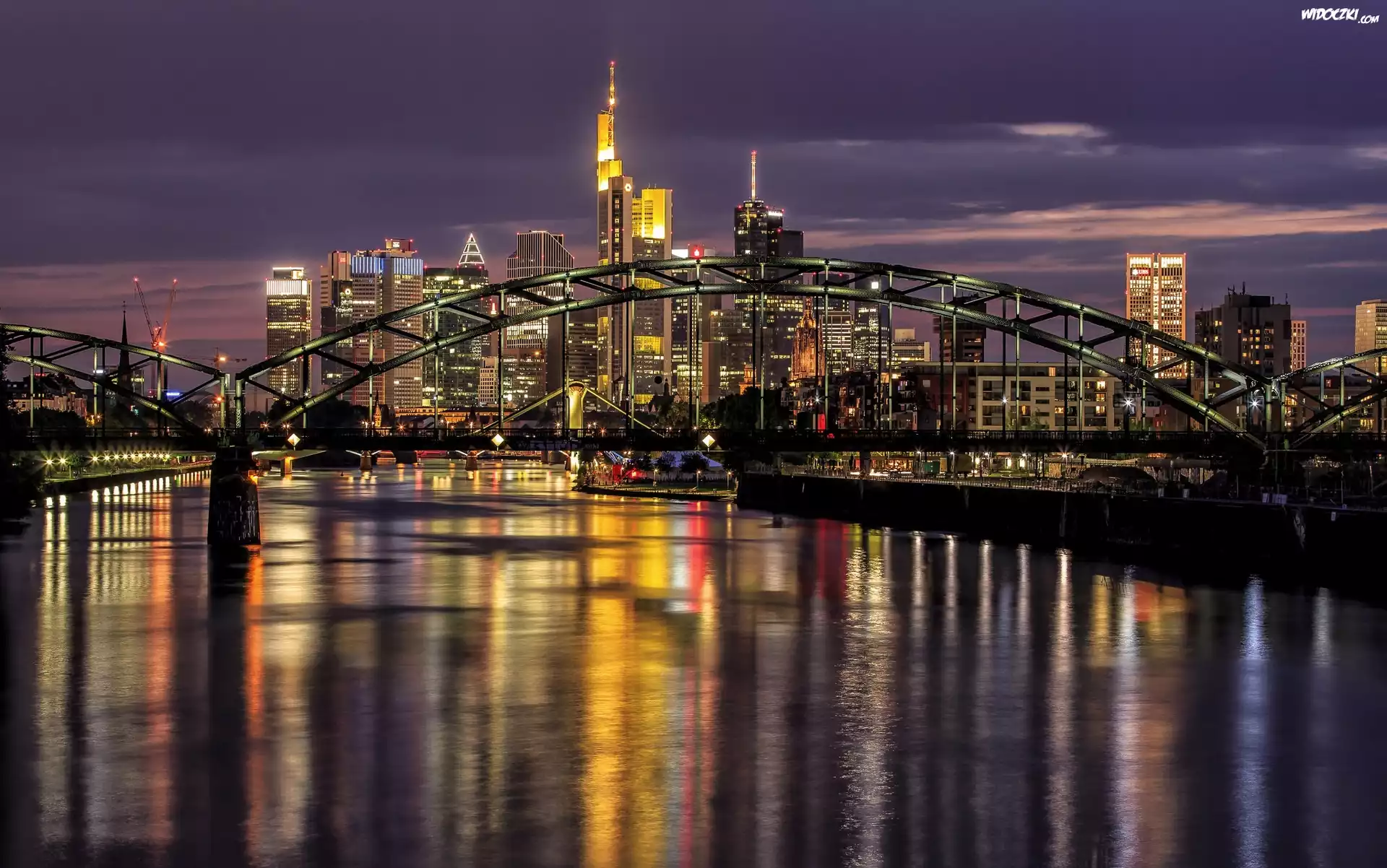 Miasto nocą, Frankfurt, Niemcy, Rzeka, Most
