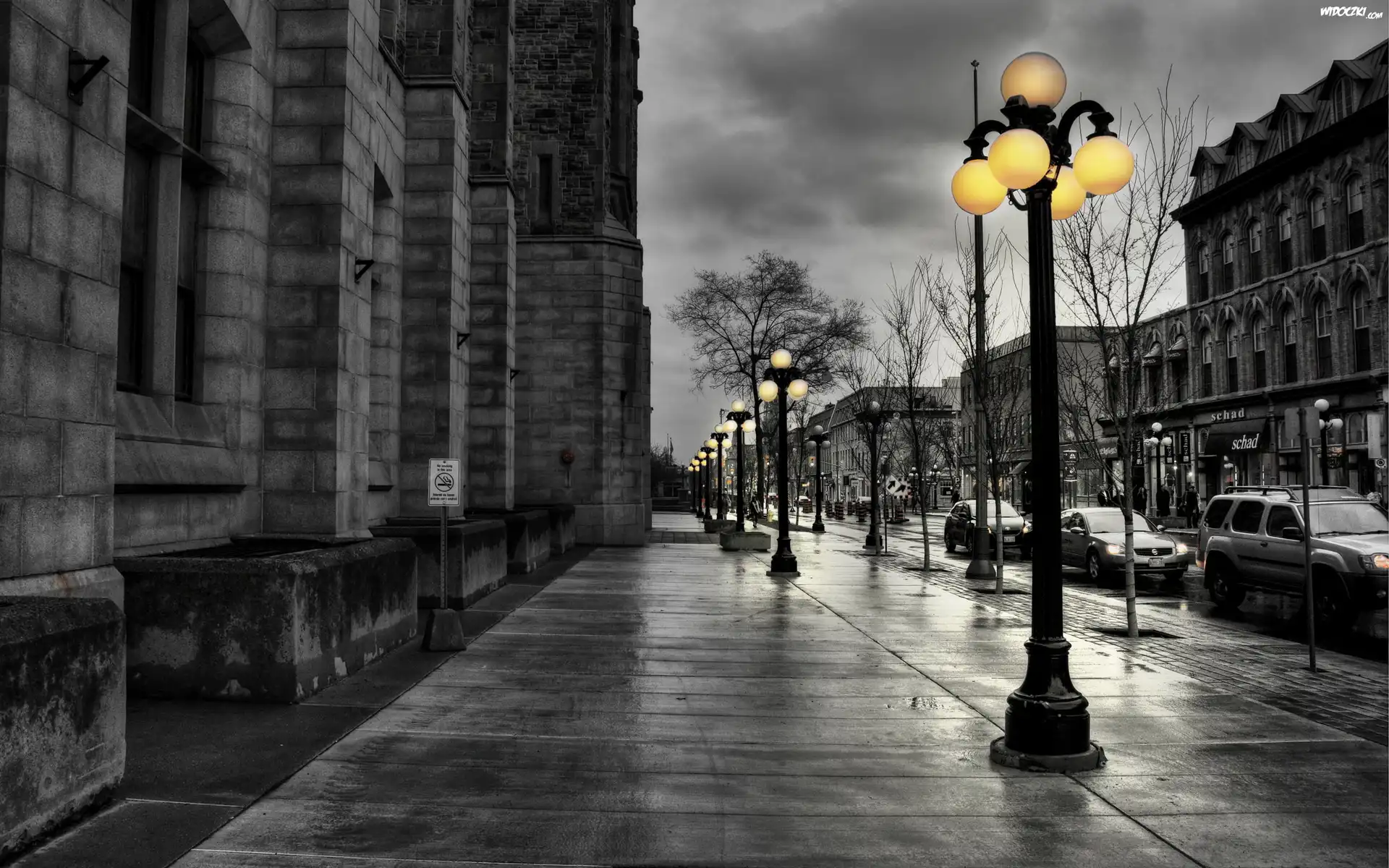 Miasto, Ulica, Domy, Samochody, Lampy
