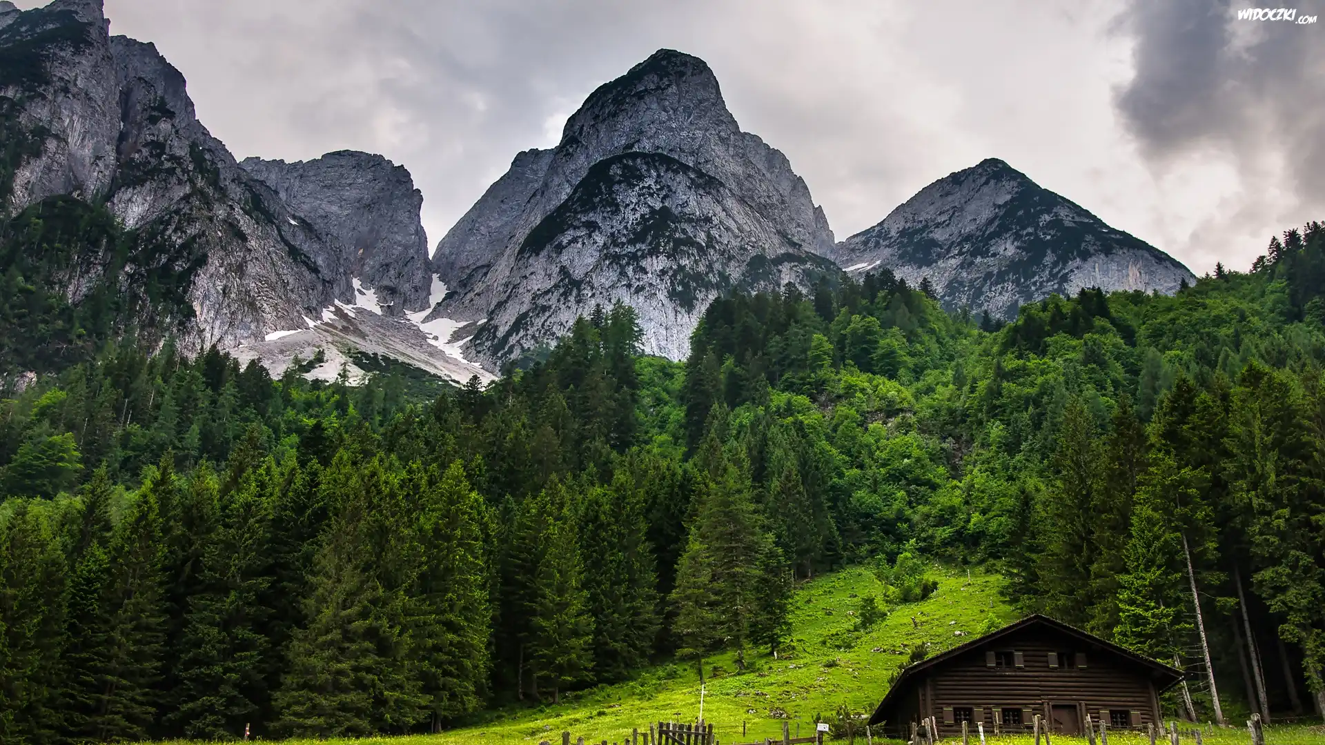 Austria, Miejscowość Gosau, Góry Dachstein, Las, Drewniany, Dom