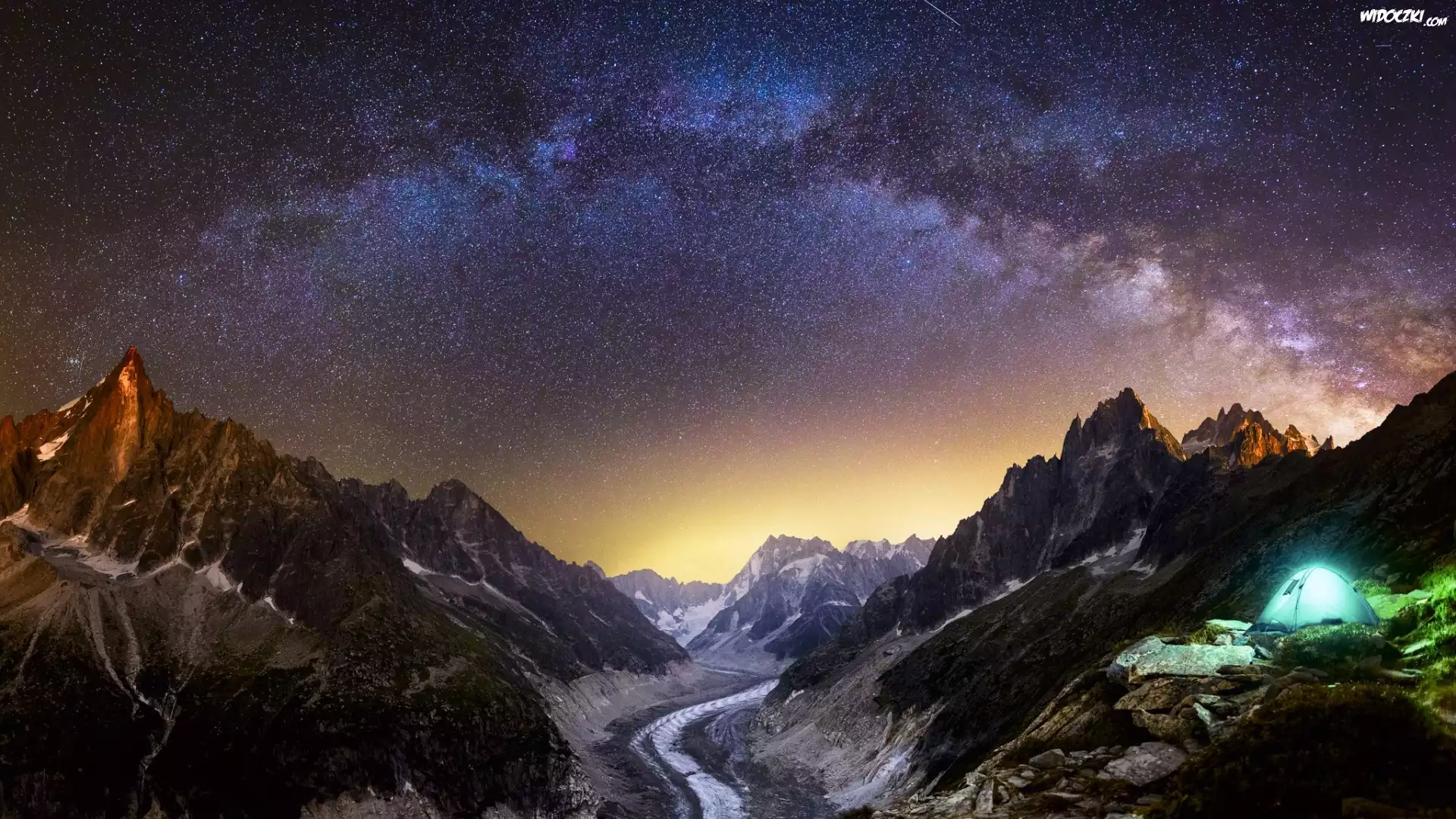 Francja, Chamonix-Mont-Blanc, Góry, Niebo, Gwiazdy, Noc, Namiot, Droga Mleczna