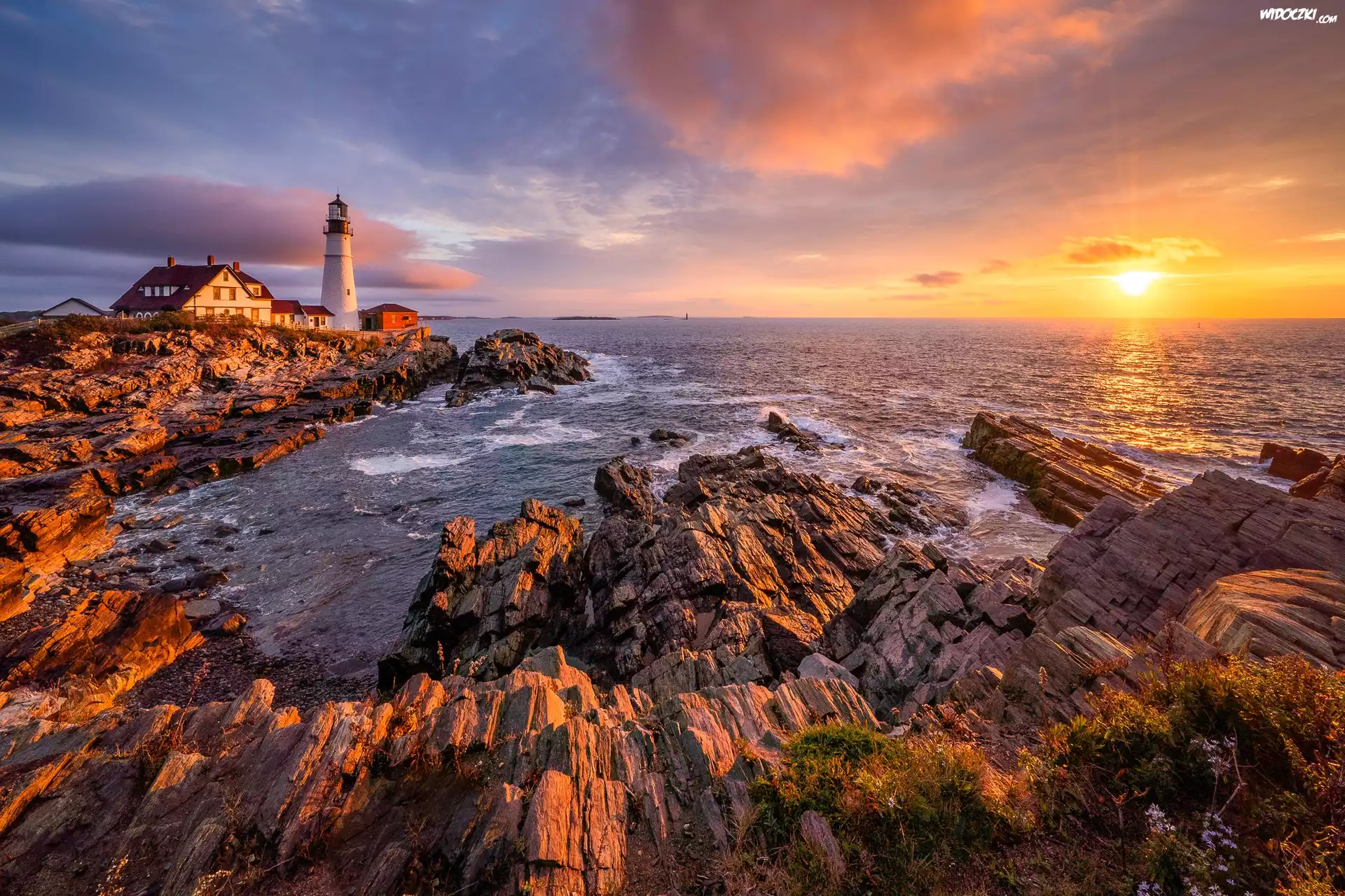 Stany Zjednoczone, Stan Maine, Morze, Skały, Latarnia morska, Portland Head Light, Cape Elizabeth, Wschód słońca