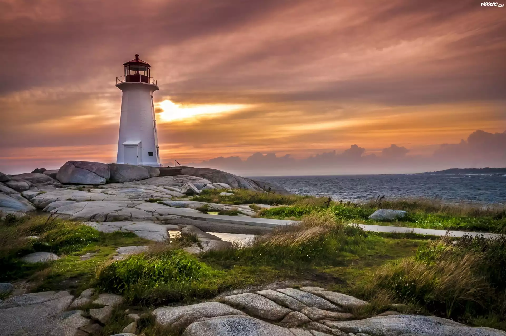 Kanada, Latarnia morska: Peggys Point Lighthouse, Kamienie, Skały, Trawa, Morze, Chmury