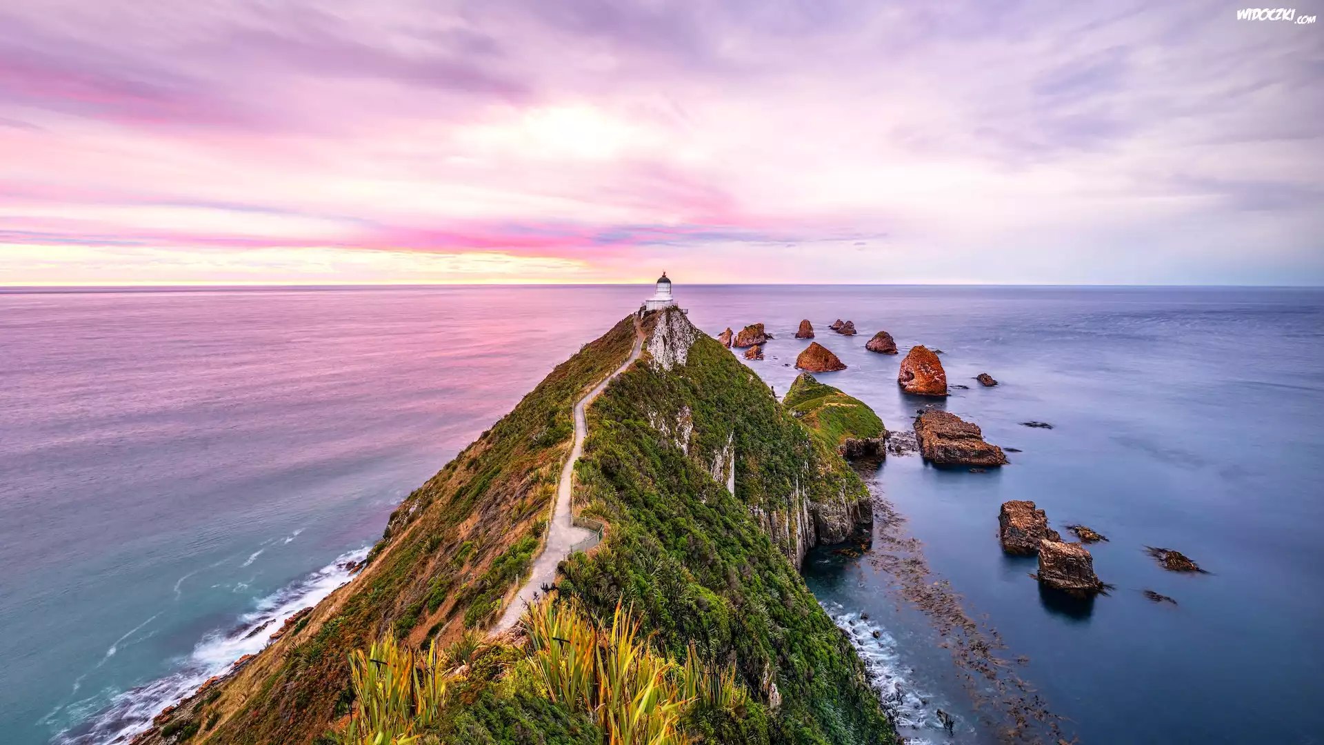 Morze, Latarnia morska, Nugget Point Lighthouse, Ścieżka, Skały, Otago, Nowa Zelandia