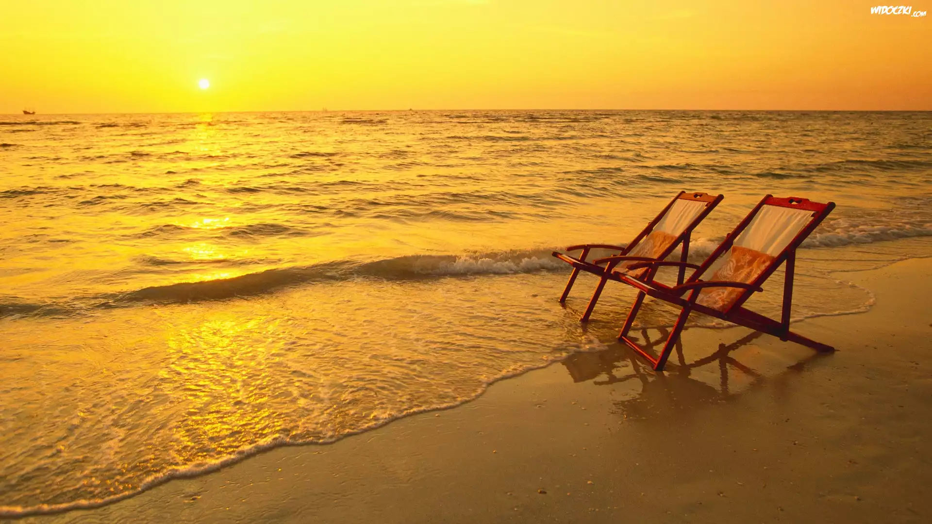 Morze, Plaża, Zachód, Słońca, Dwa, Leżaki, Wakacje