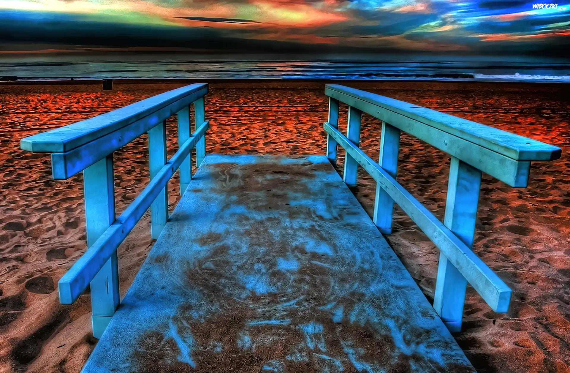 Morze, Plaża, Niebieski, Mostek