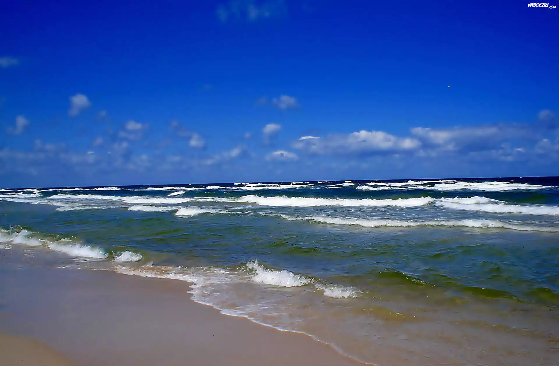 Morze, Plaża, Fale, Niebo, Chmury