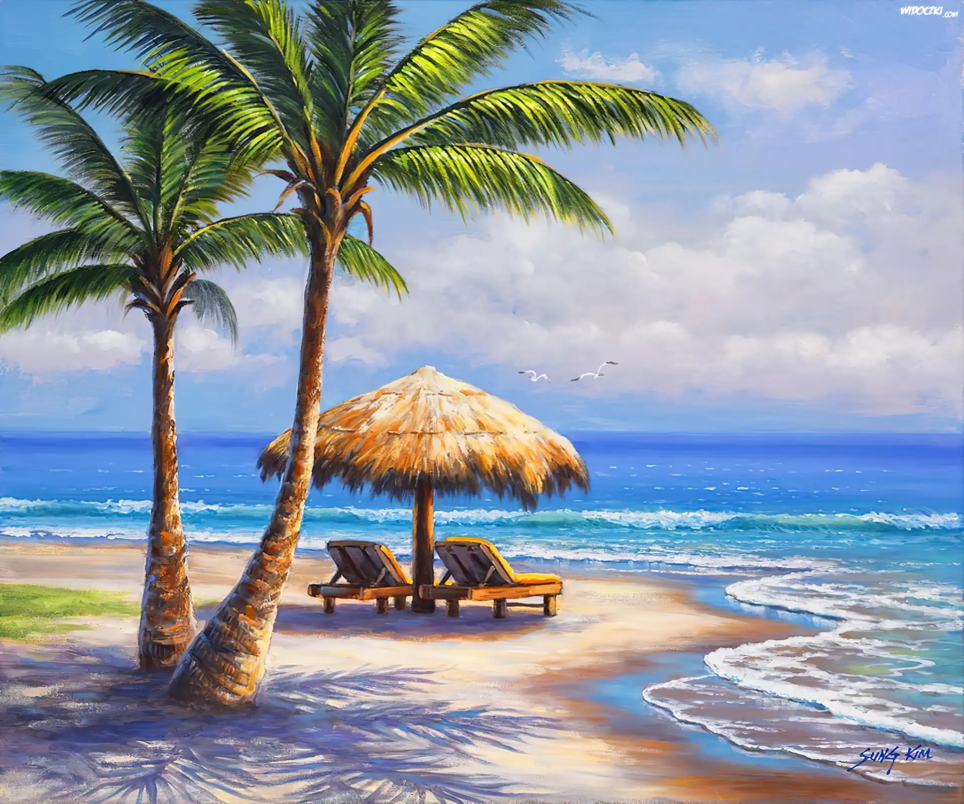 Morze, Plaża, Palmy, Parasol, Leżaki