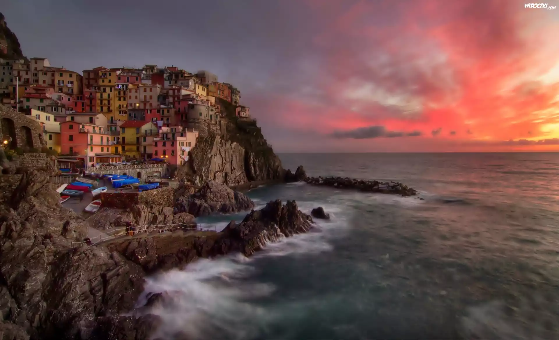 Morze, Skały, Domy, Miasto, Riomaggiore, Liguria