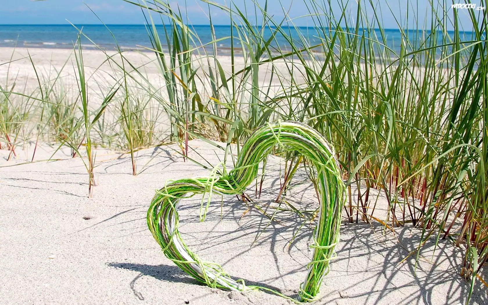 Morze, Plaża, Piasek, Trawy, Serce, Sznurek