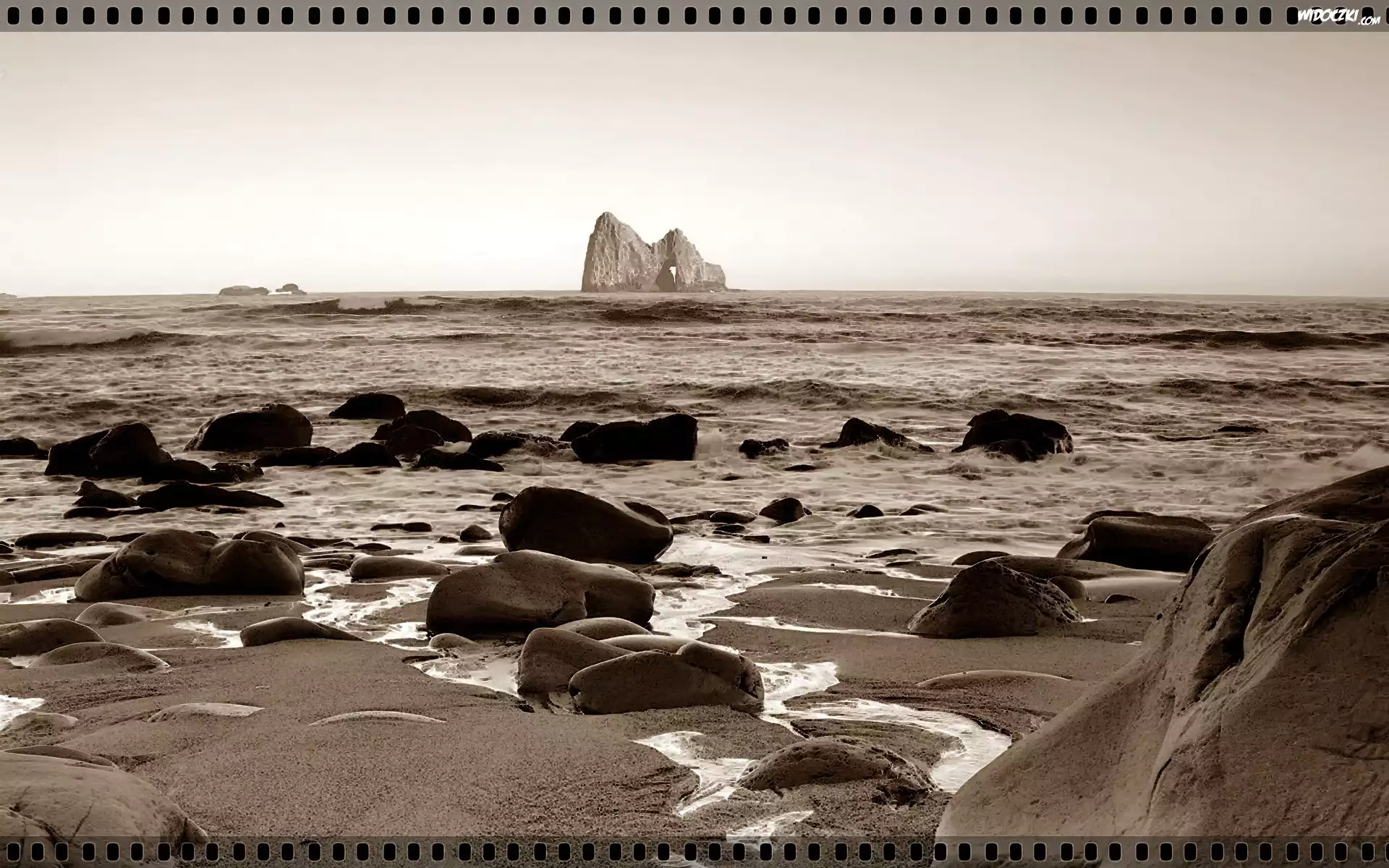 Morze, Fale, Skały, Sepia