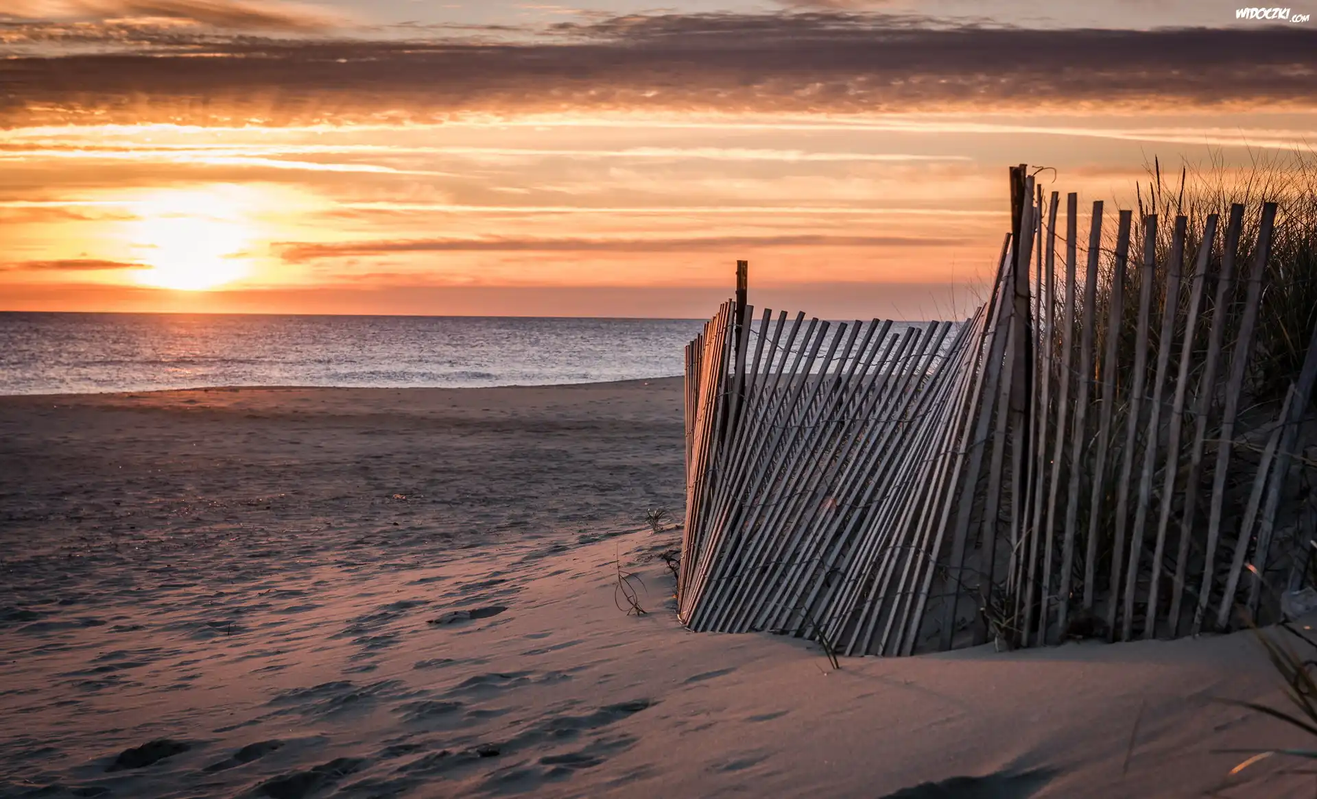 Morze, Plaża, Wschód Słońca, Płot