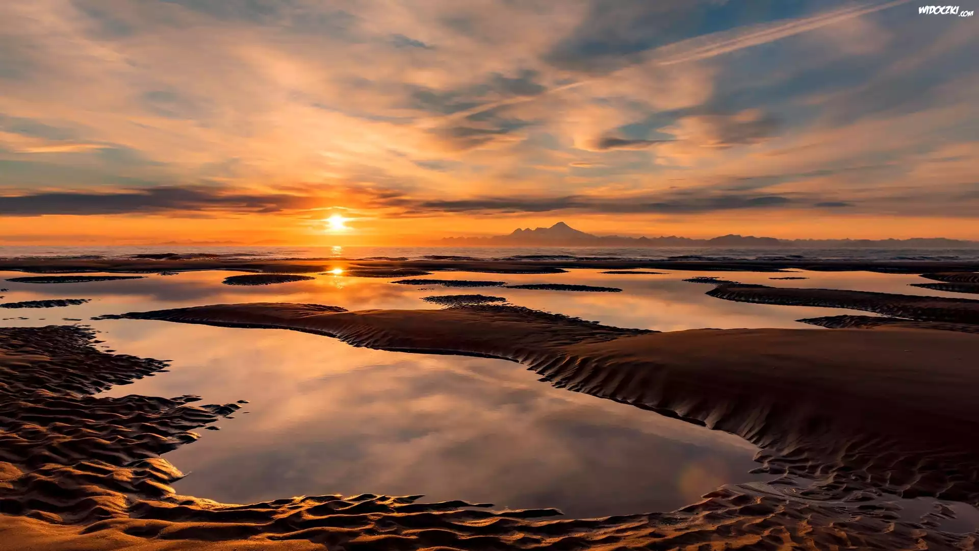 Morze, Zachód słońca, Plaża