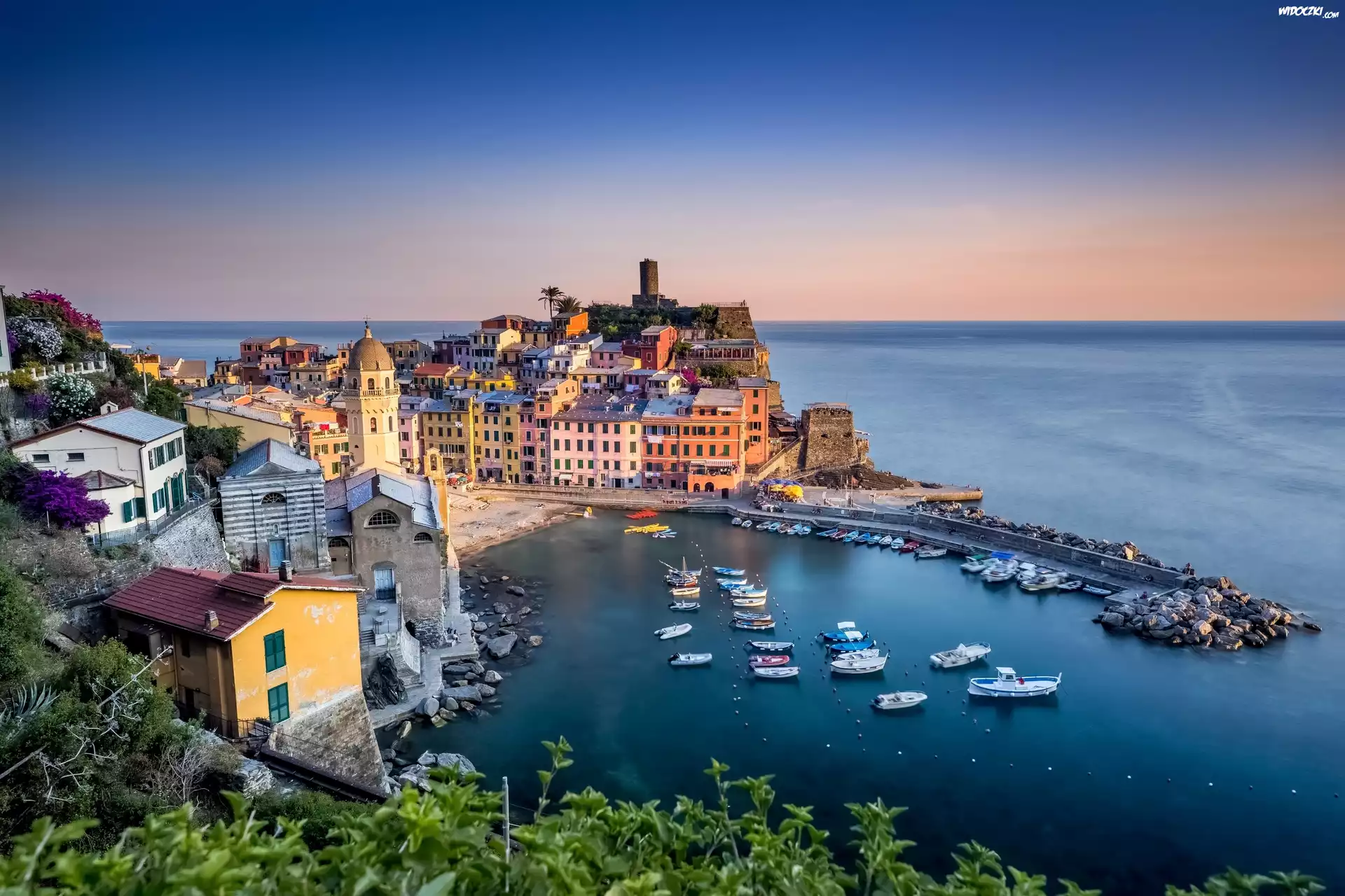 Vernazza, Morze, Domy, £ódki, Cinque Terre, Liguria, W³ochy