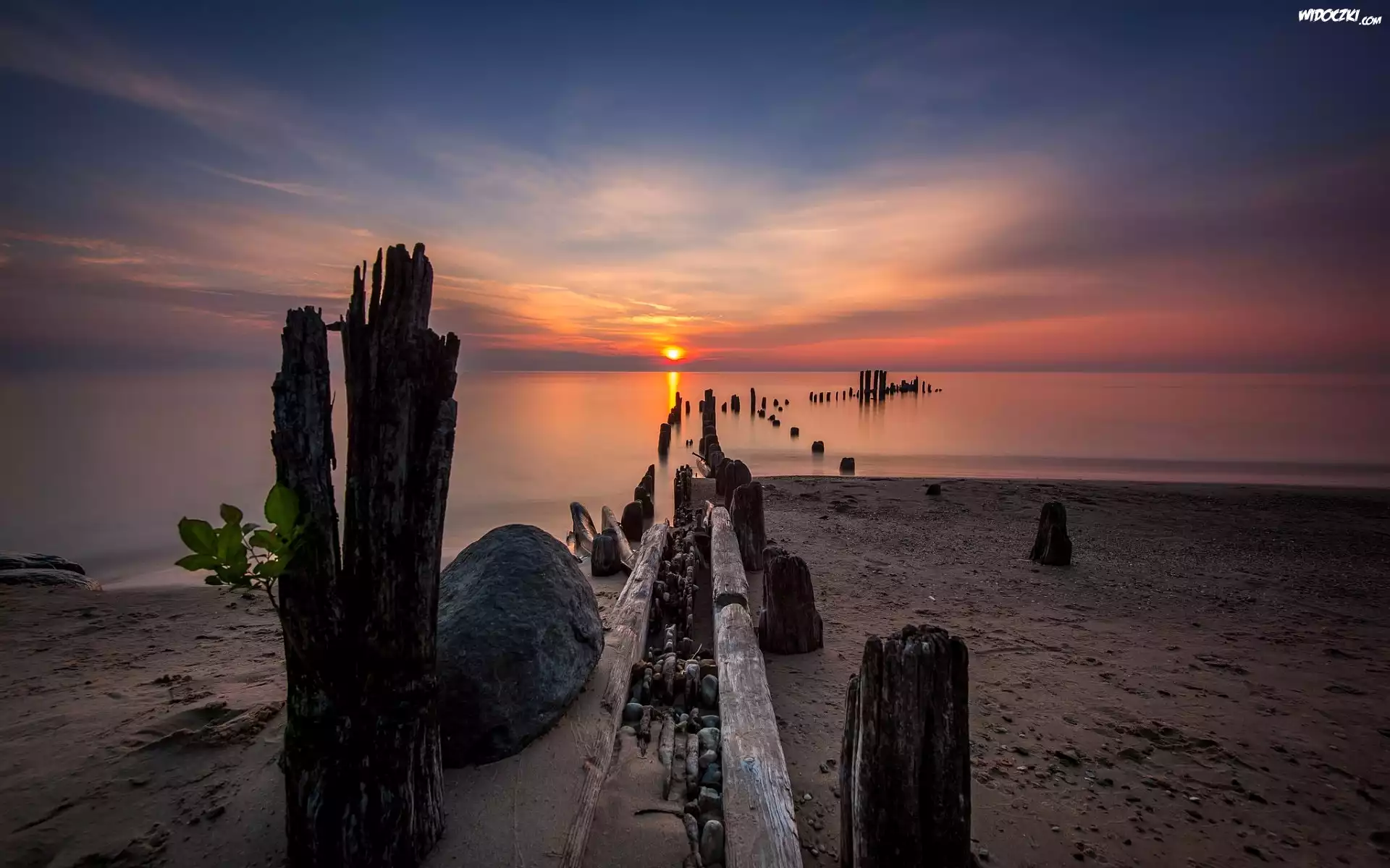 Morze, Plaża, Zachód Słońca