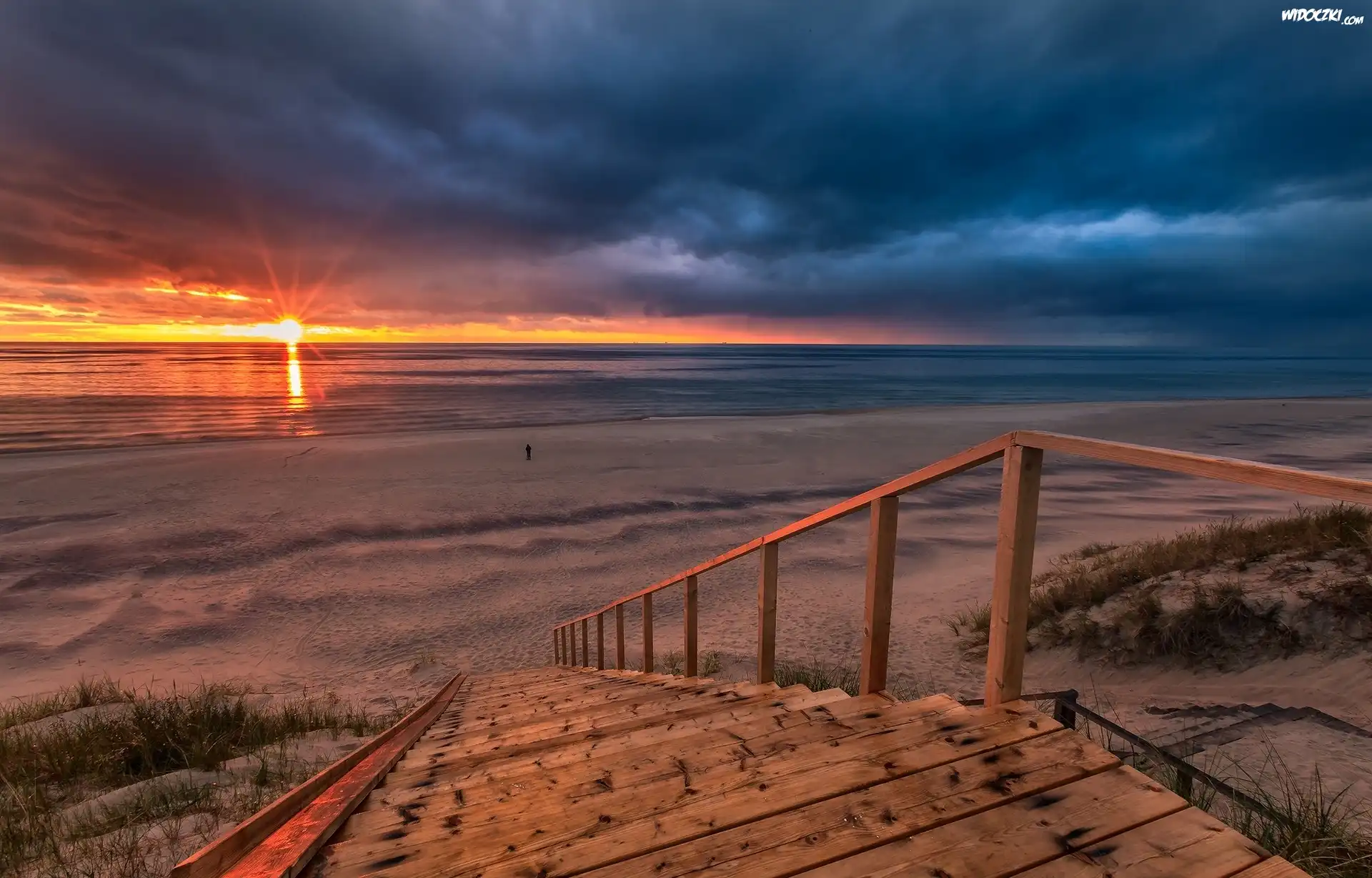 Morze, Plaża, Zachód Słońca