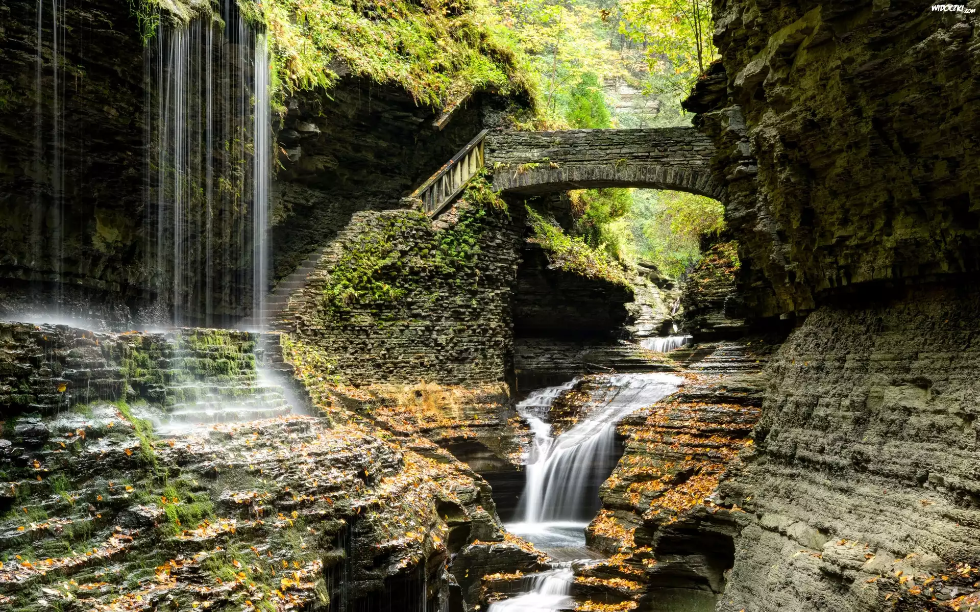 Stany Zjednoczone, Park Narodowy Watkins Glen, Wodospad, Skały, Most