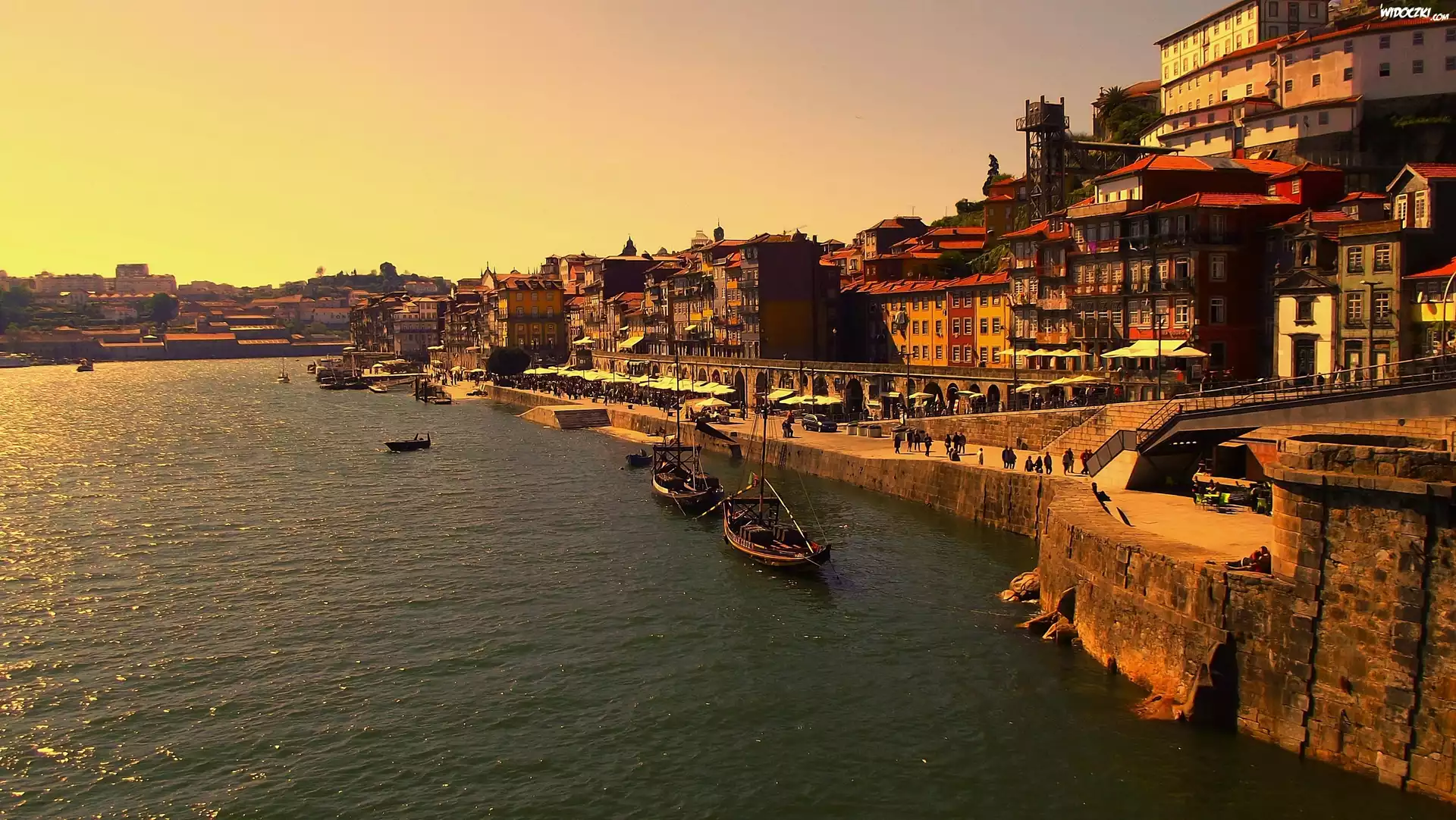Nabrzeże, Port, Zachód, Słońca, Portugalia