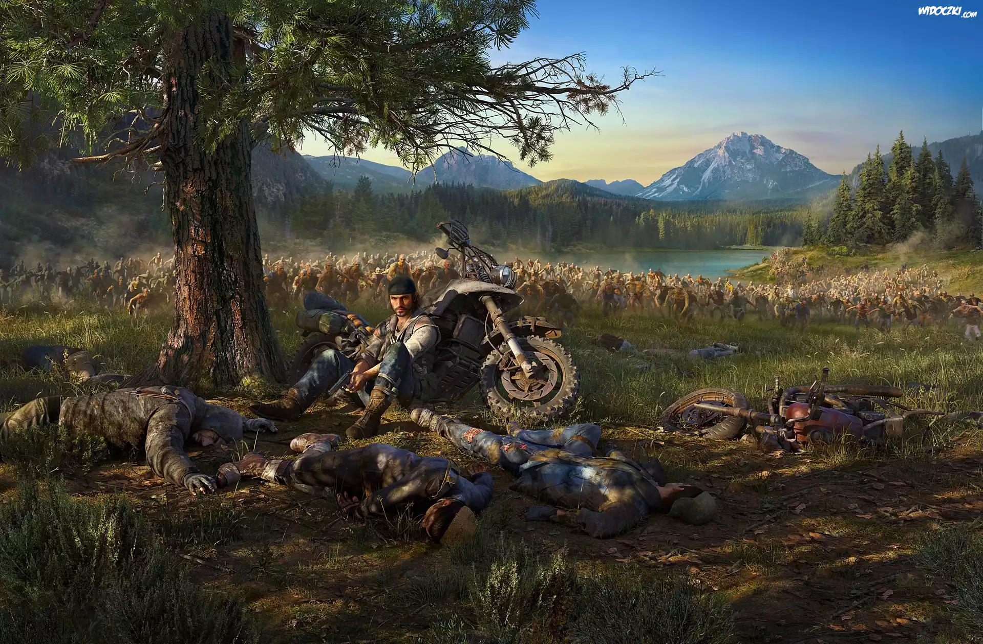 Gra, Days Gone, Postacie, Łowca nagród, Deacon St. John, Motocykl, Drzewo, Góry