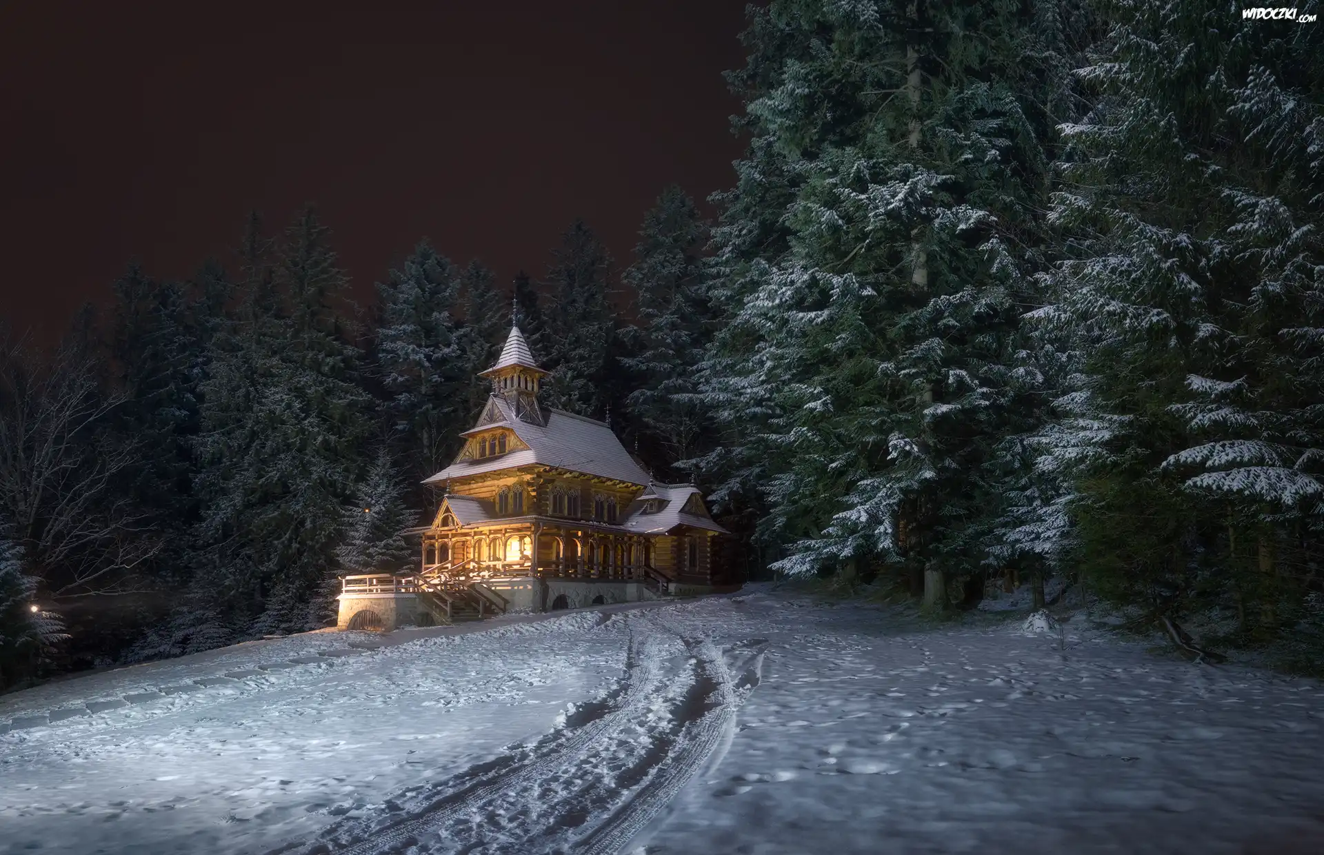 Jaszczurówka, Zakopane, Polska, Zima, Kaplica Najświętszego Serca Jezusa, Kościółek, Las, Droga, Światła