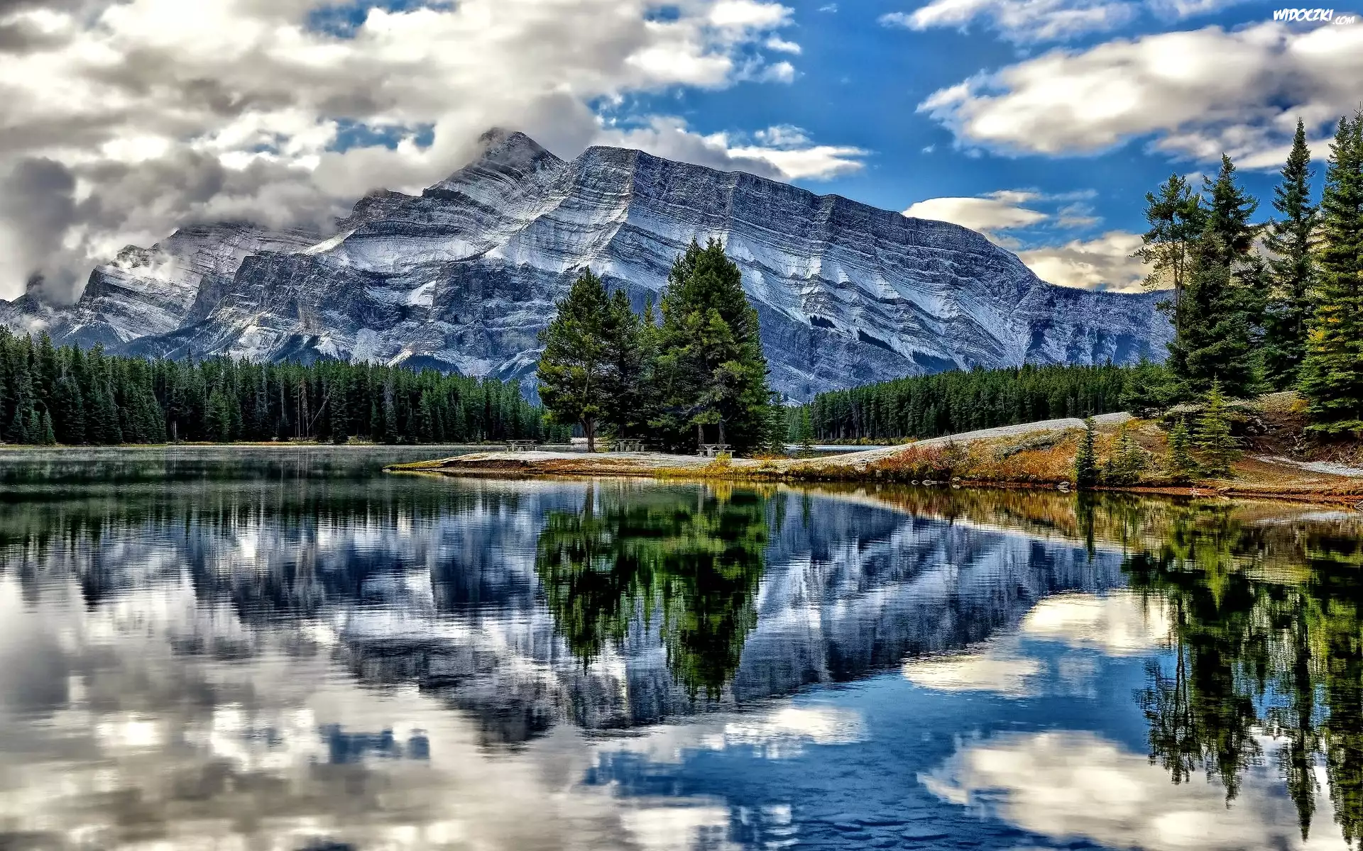 Park Narodowy Banff, Kanada, Góry, Lasy, Jezioro Odbicie