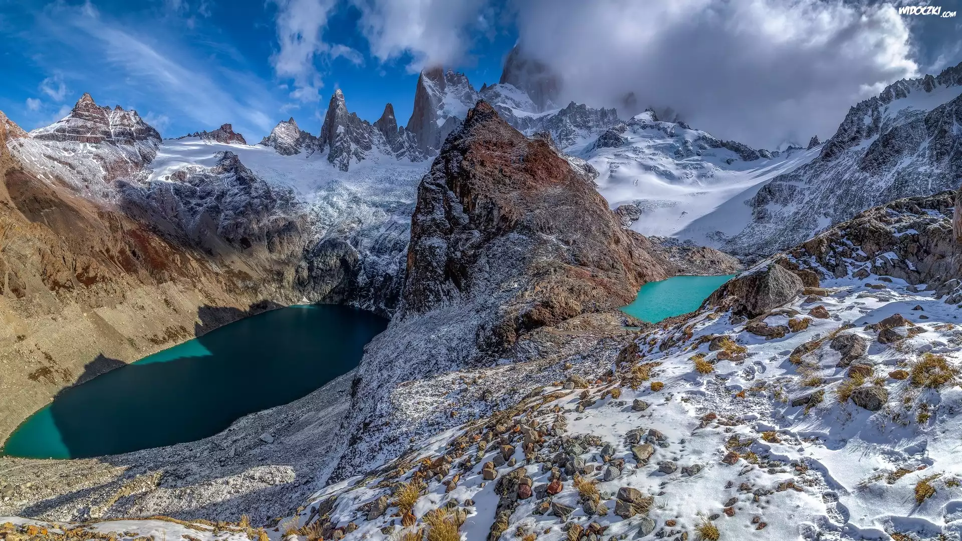 Park Narodowy Los Glaciares, Argentyna, Patagonia, Góry, Szczyt Fitz Roy, Laguna de Los Tres, Jezioro Sucia, Jeziora, Śnieg, Chmury, Odbicie