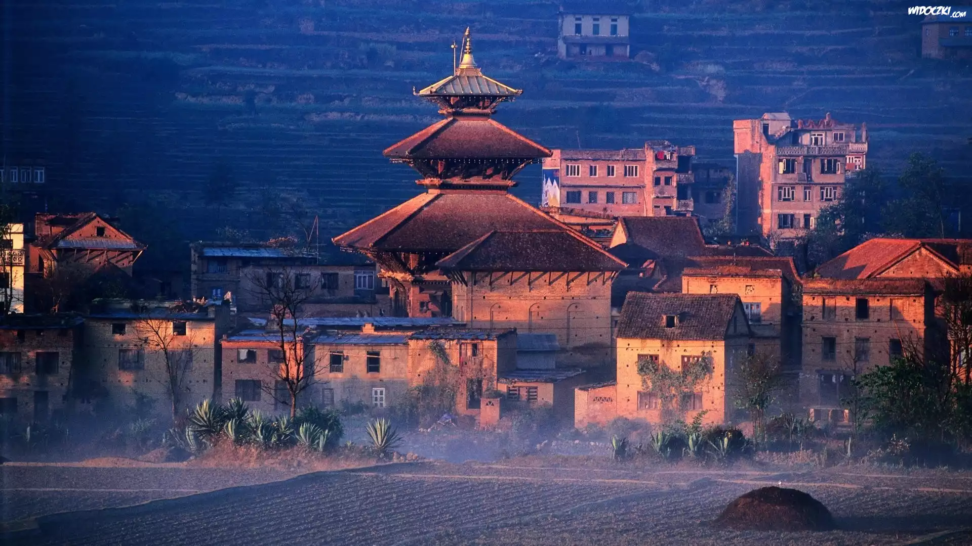 Nepal, Domy, Pole, Mgła