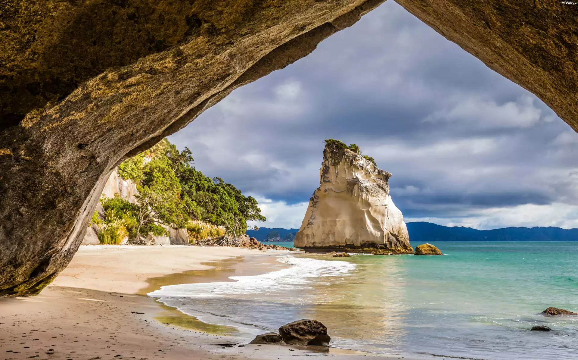New Zealand, Morze, Plaża, Skała