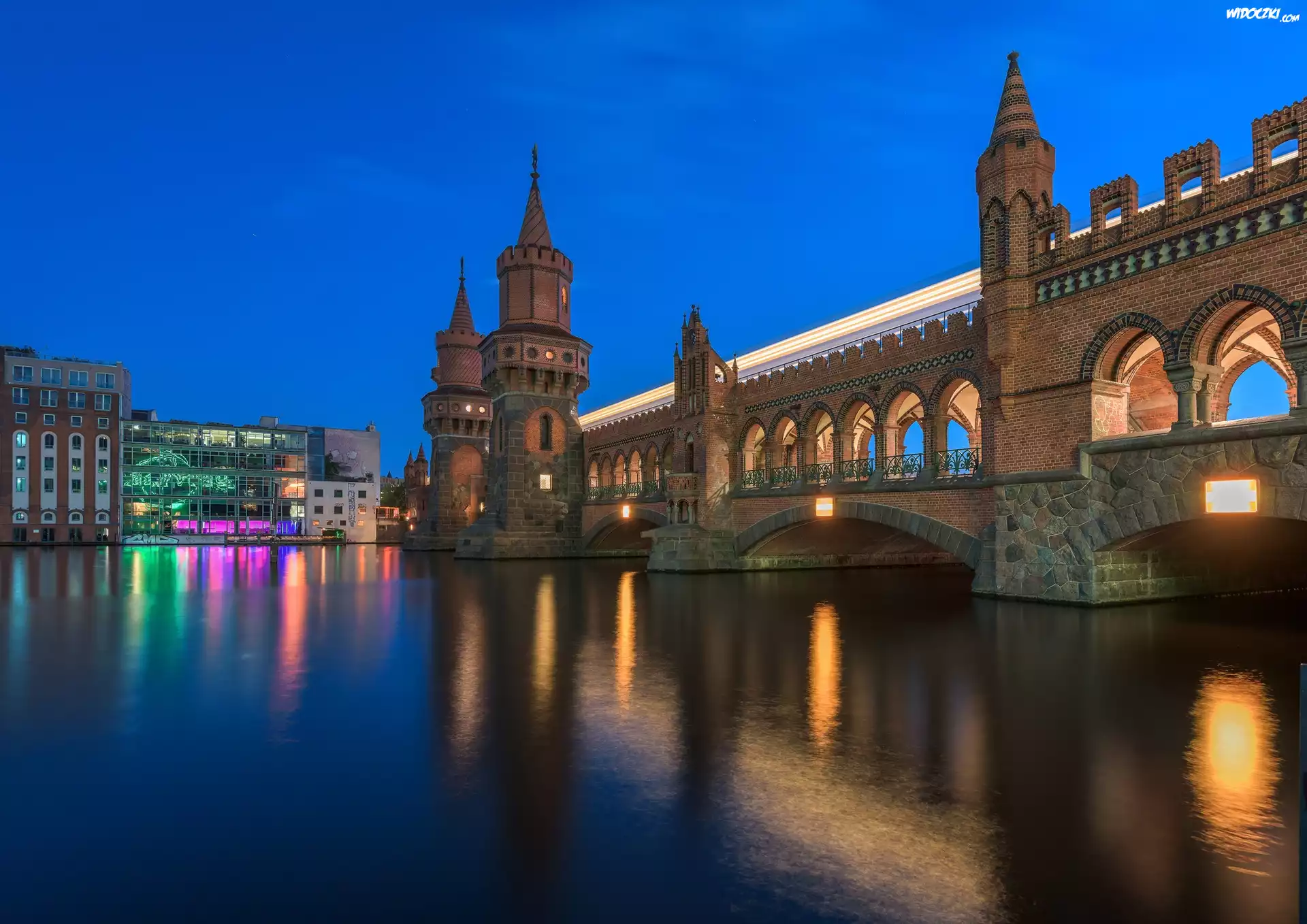 Niemcy, Berlin, Most, Rzeka, Budynki ,Noc