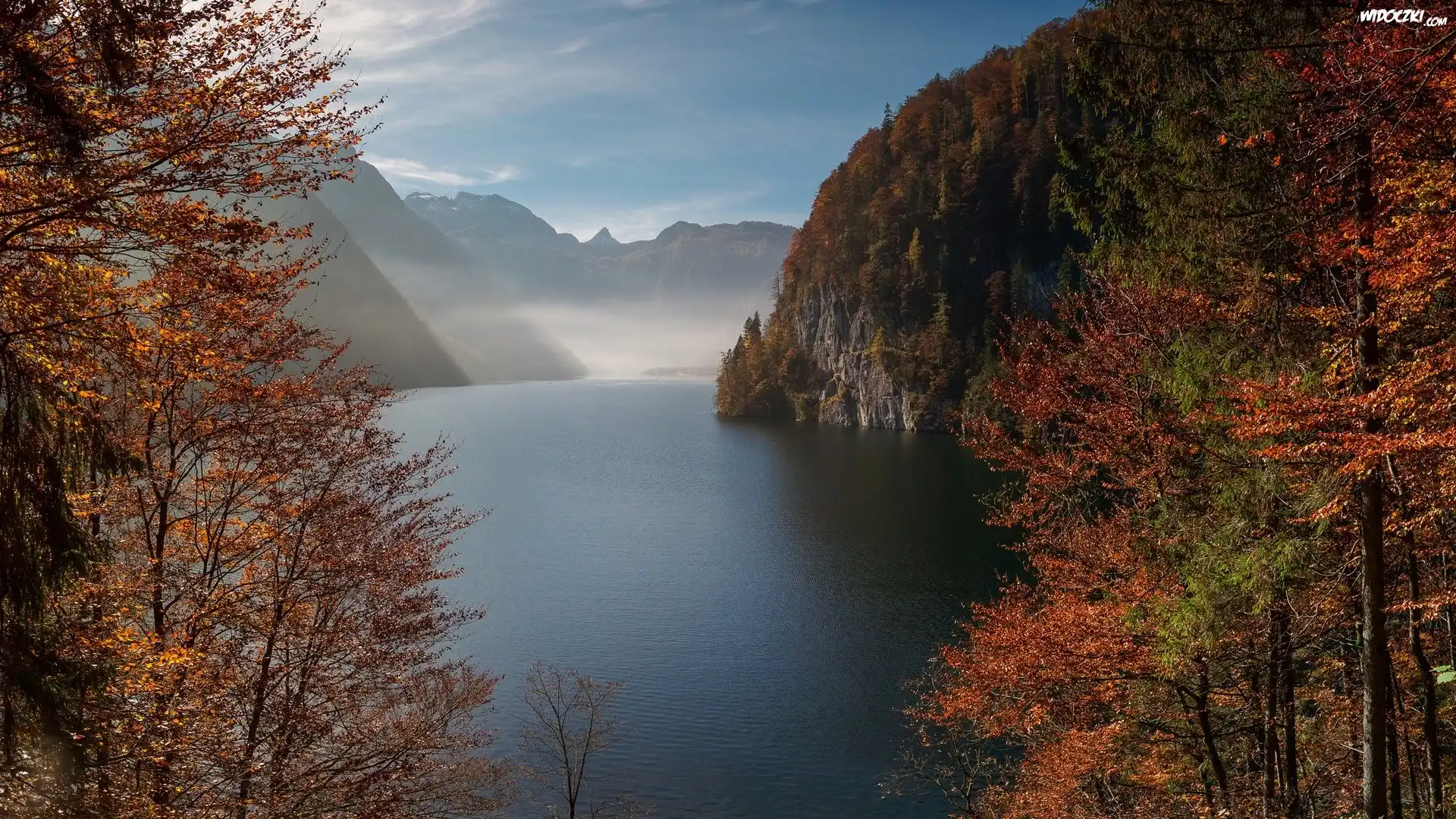 Jesień, Góry, Jezioro, Konigssee, Drzewa, Mgła, Bawaria, Niemcy