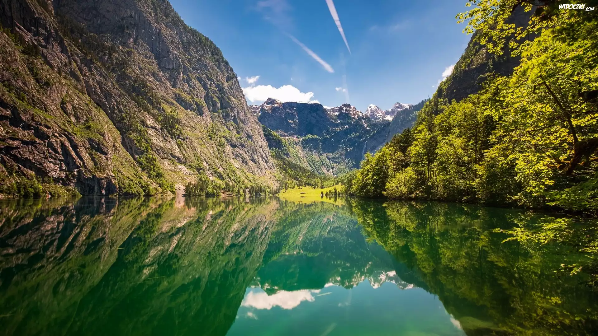 Góry, Jezioro Obersee, Drzewa, Odbicie, Park Narodowy Berchtesgaden, Bawaria, Niemcy