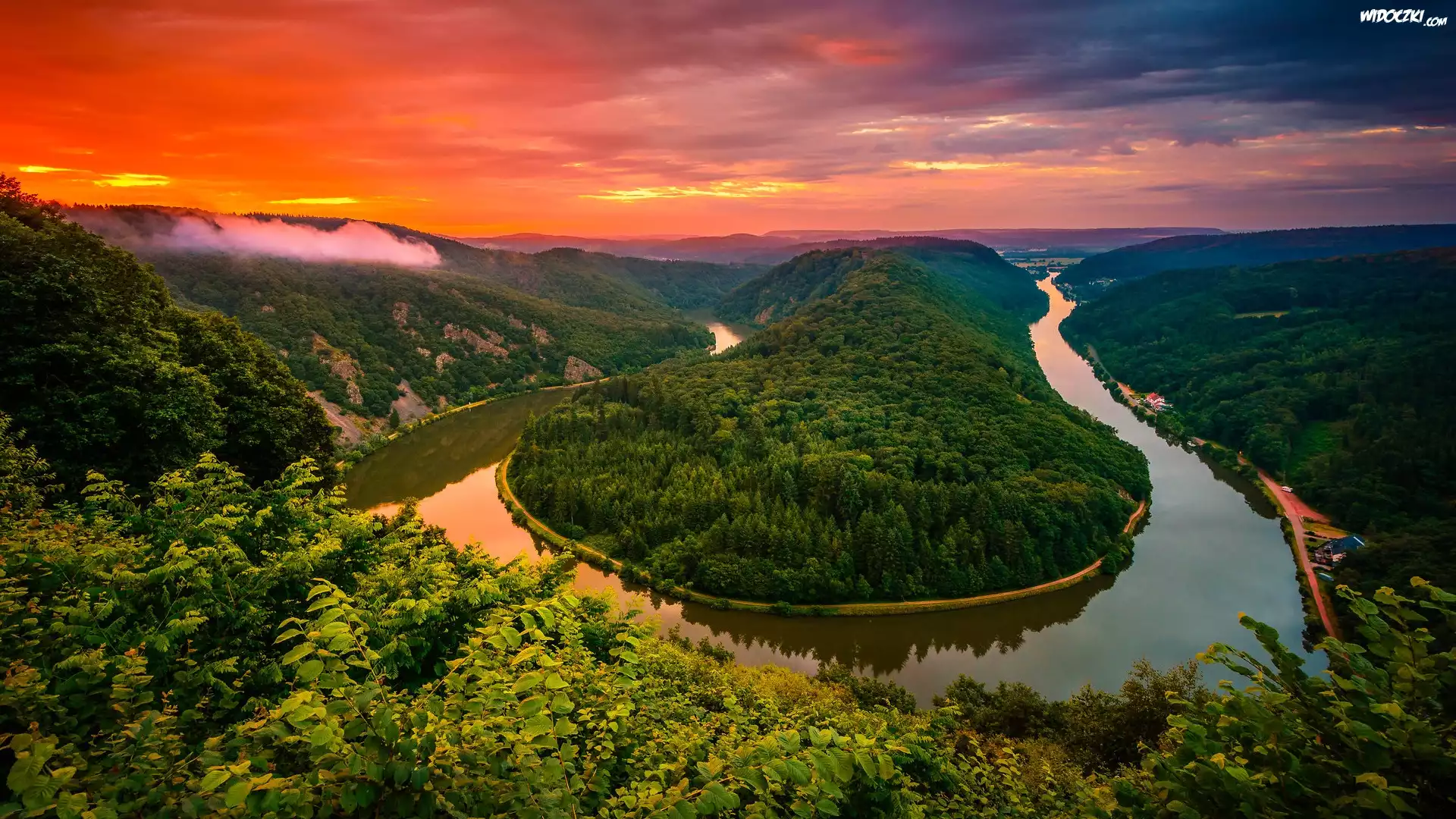 Rzeka, Saara River, Zielone, Lasy, Zachód słońca, Mettlach, Niemcy