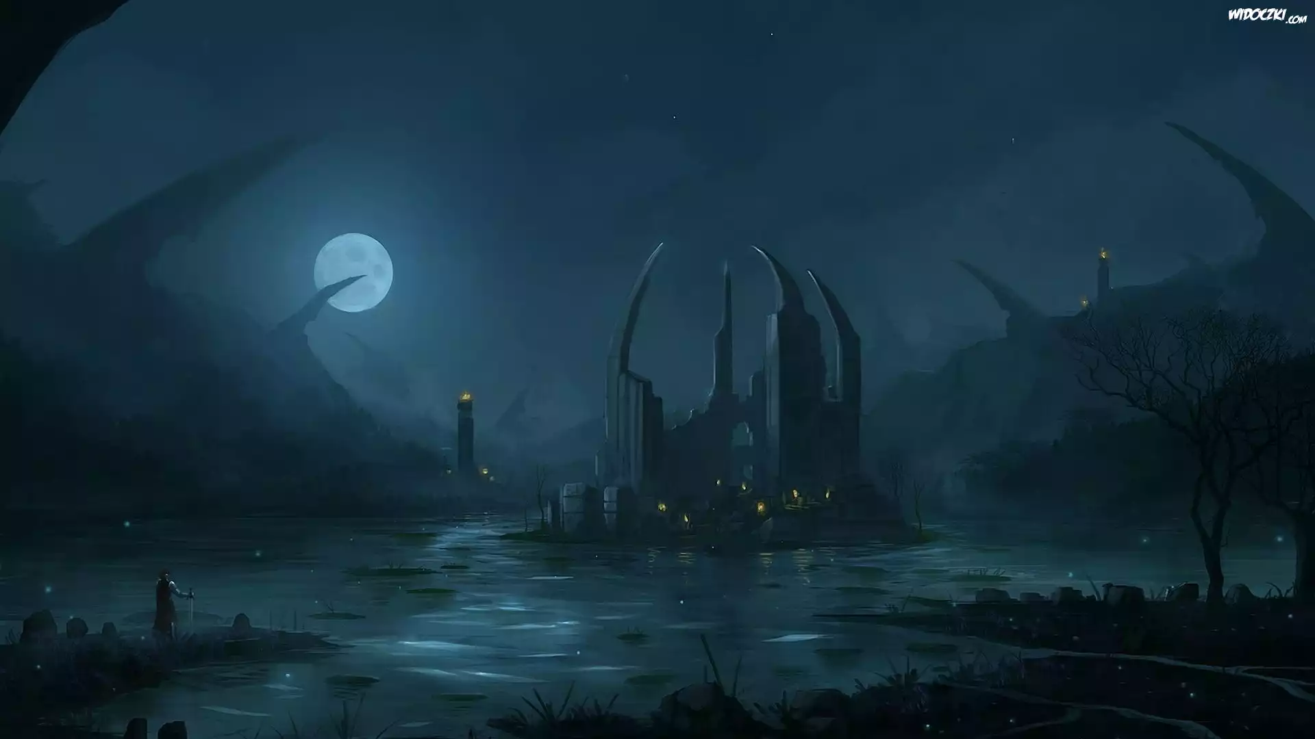 Noc, Księżyc, Budowla, Jezioro, Rycerz, Fantasy