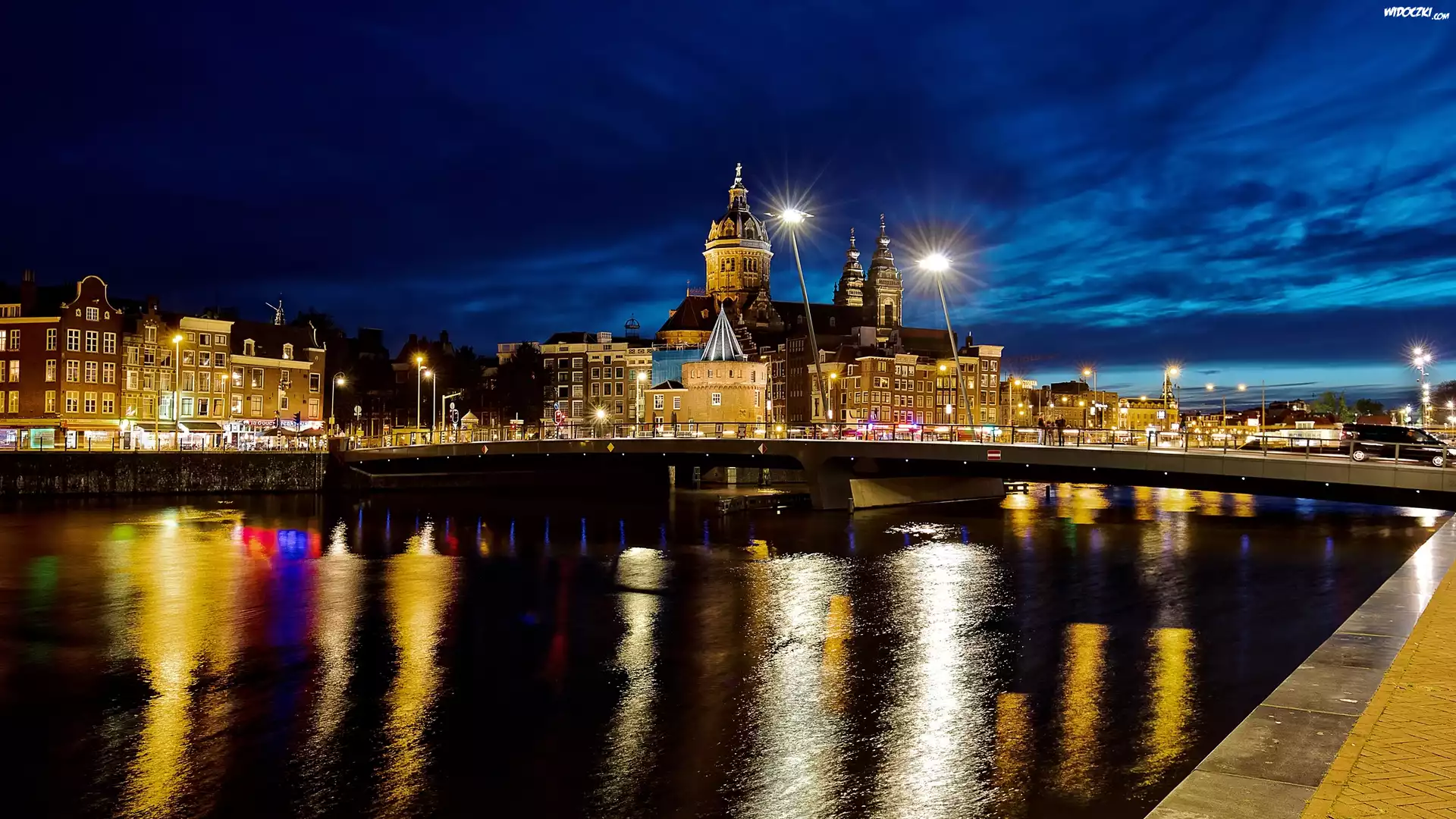 Holandia, Amsterdam, Kościół, Bazylika św Mikołaja, Rzeka IJ, Most, Noc