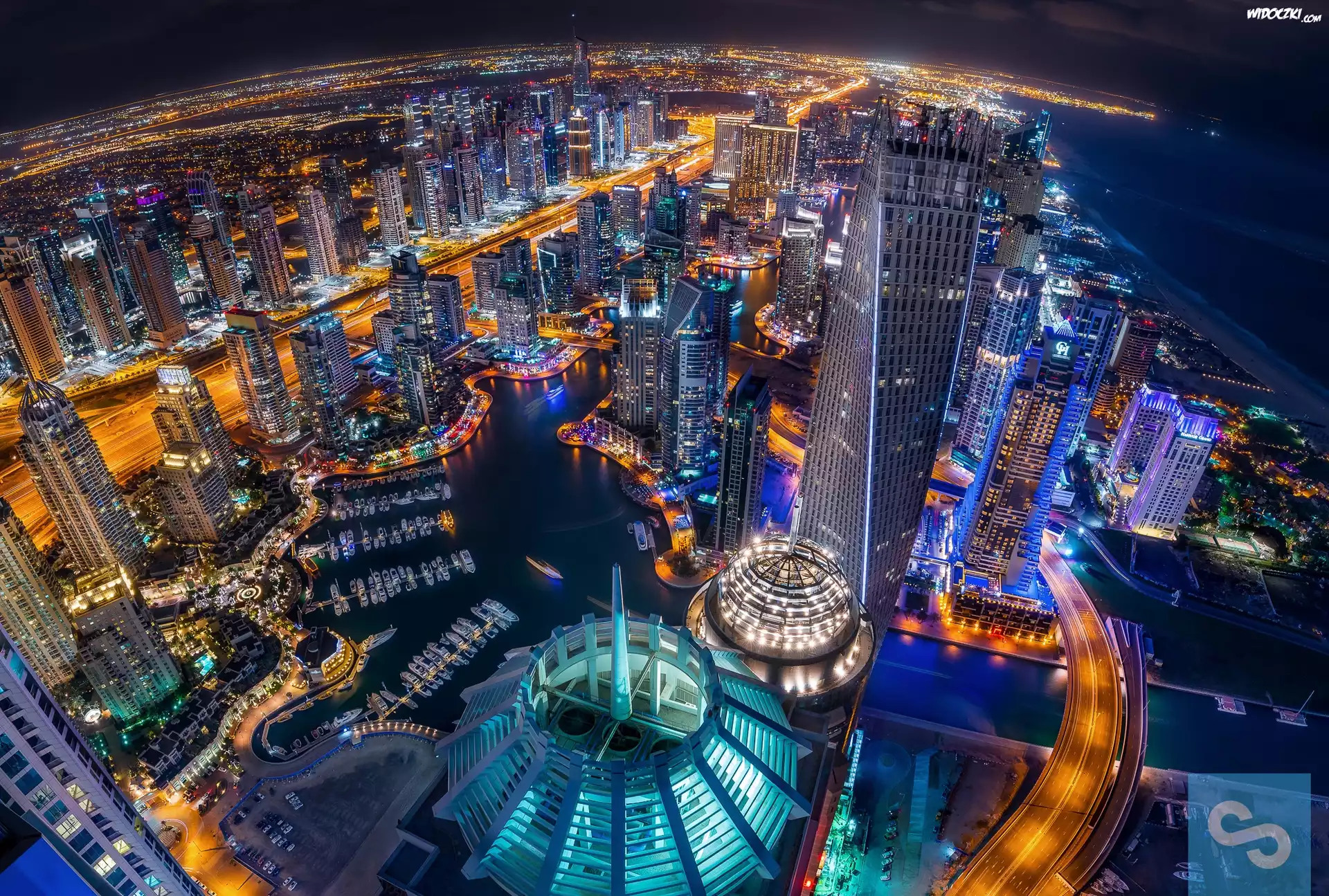 Miasto nocą, Dubaj, Widnokrąg, Z lotu ptaka