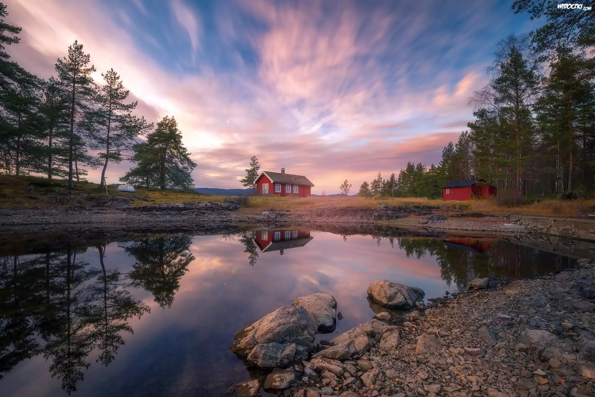 Norwegia, Ringerike, Jezioro Vaeleren, Dom, Drzewa