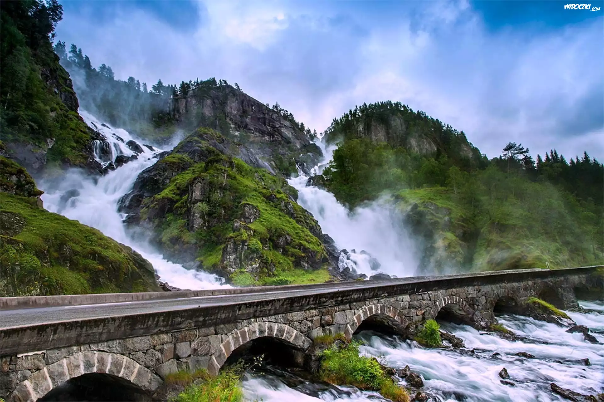 Norwegia, Wodospad, Latefossen, Rzeka, Droga, Most