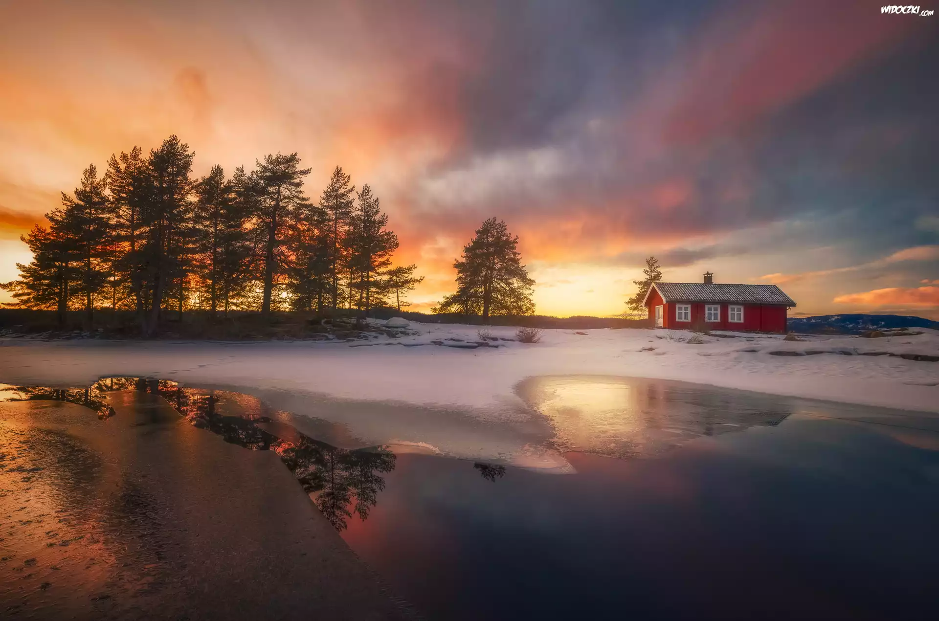 Ringerike, Norwegia, Zima, Jezioro, Domek, Zachód Słońca, Drzewa