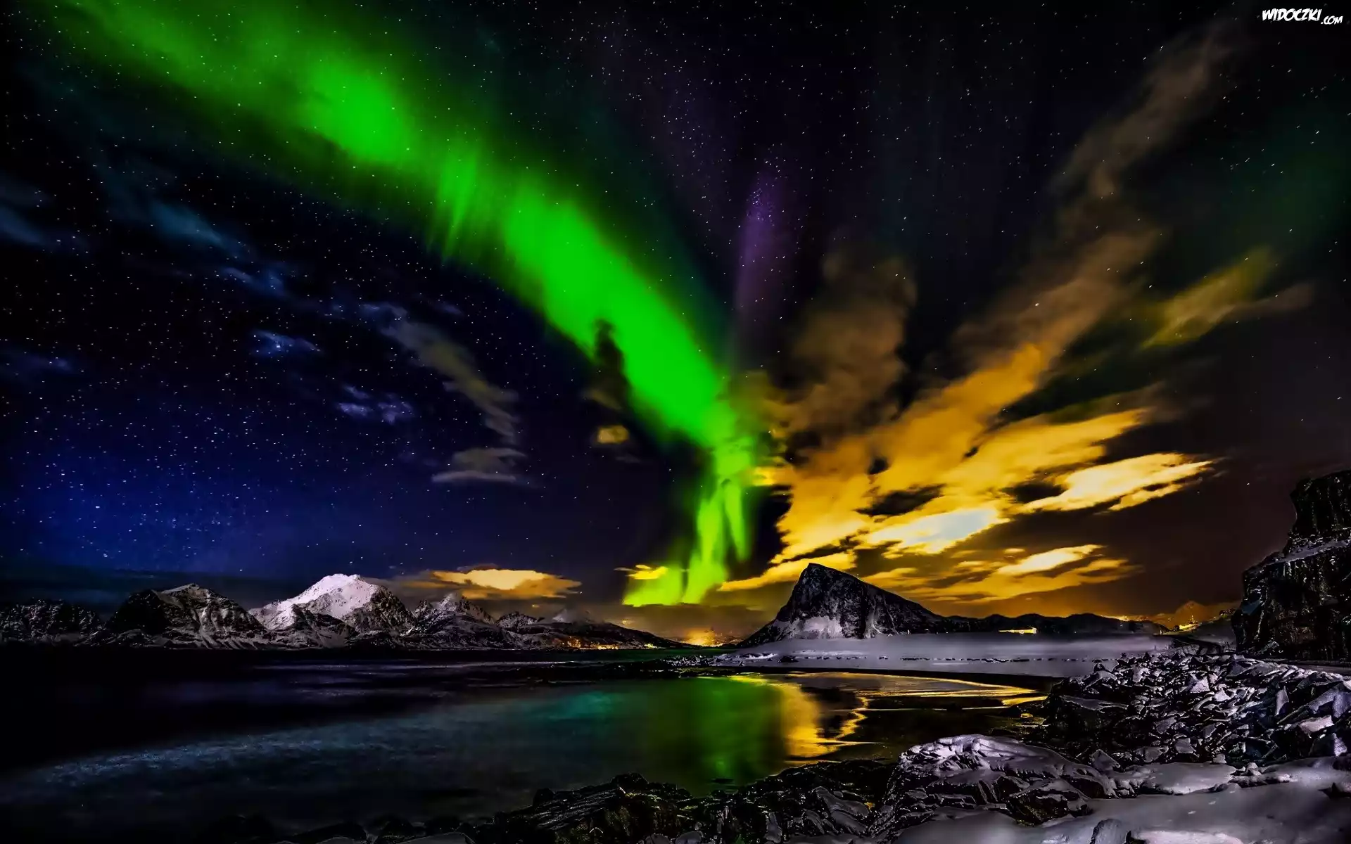 Norwegia, Zorza Polarna, Góry, Jezioro, Noc