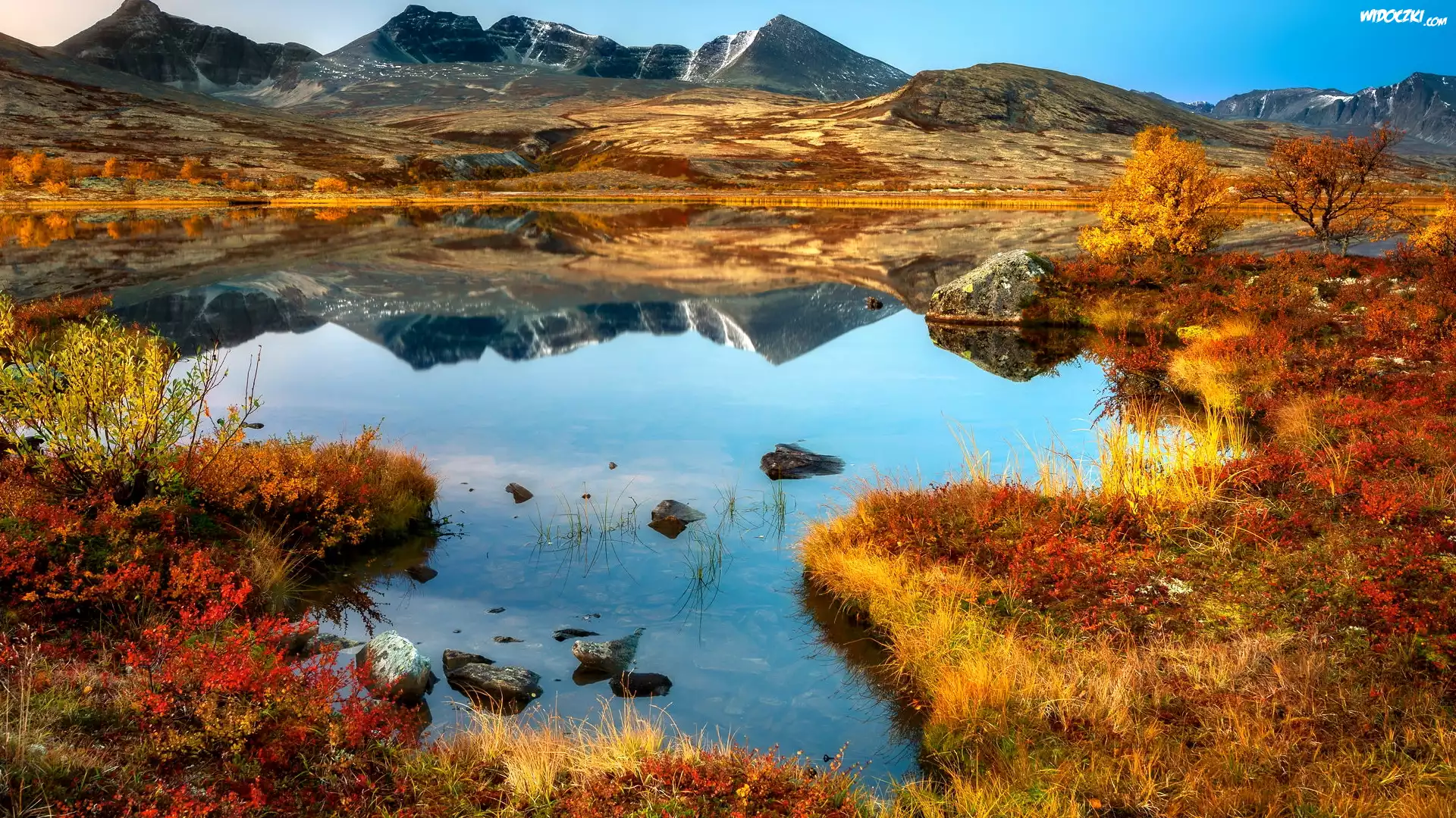 Jesień, Góry, Jezioro, Drzewa, Roślinność, Odbicie, Park Narodowy Rondane, Norwegia